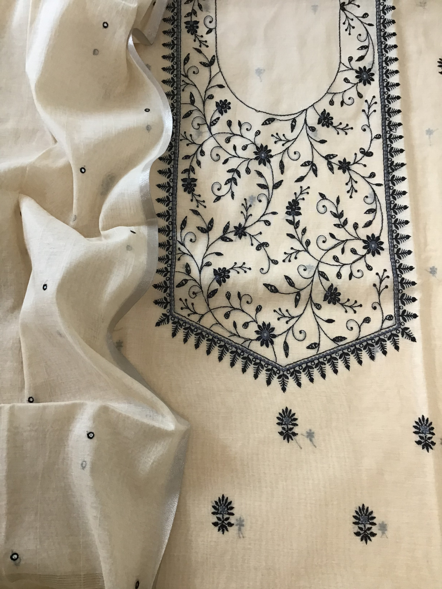 Pure Chanderi Embroidered Suit - Beige