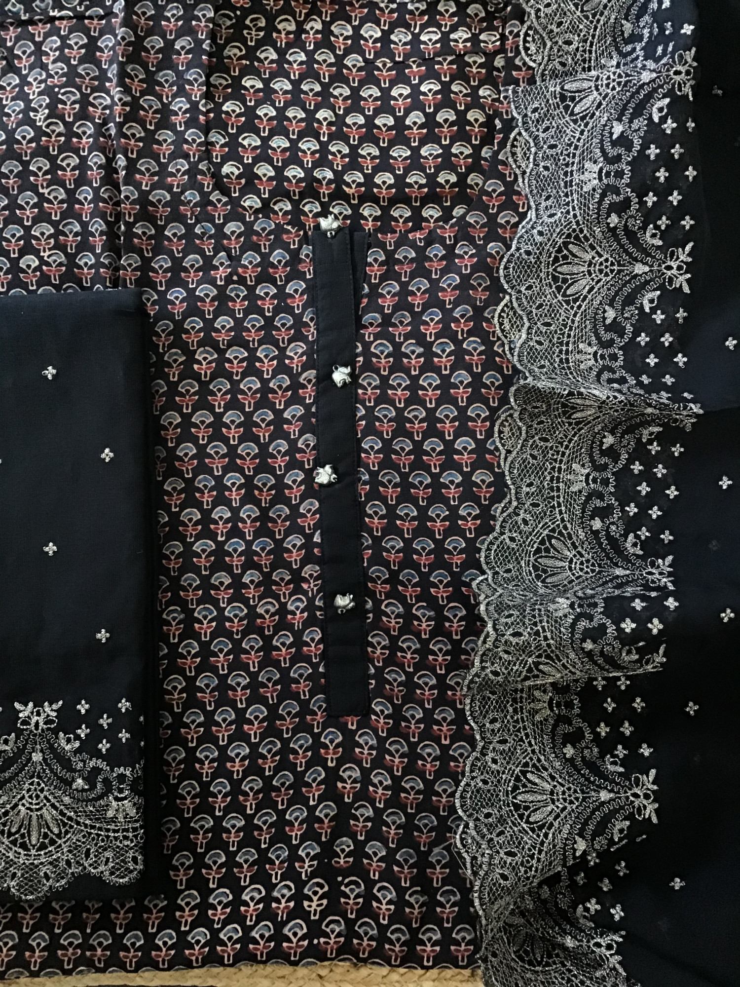 Pure Muslin Silk Printed Embroidered Suit - Black