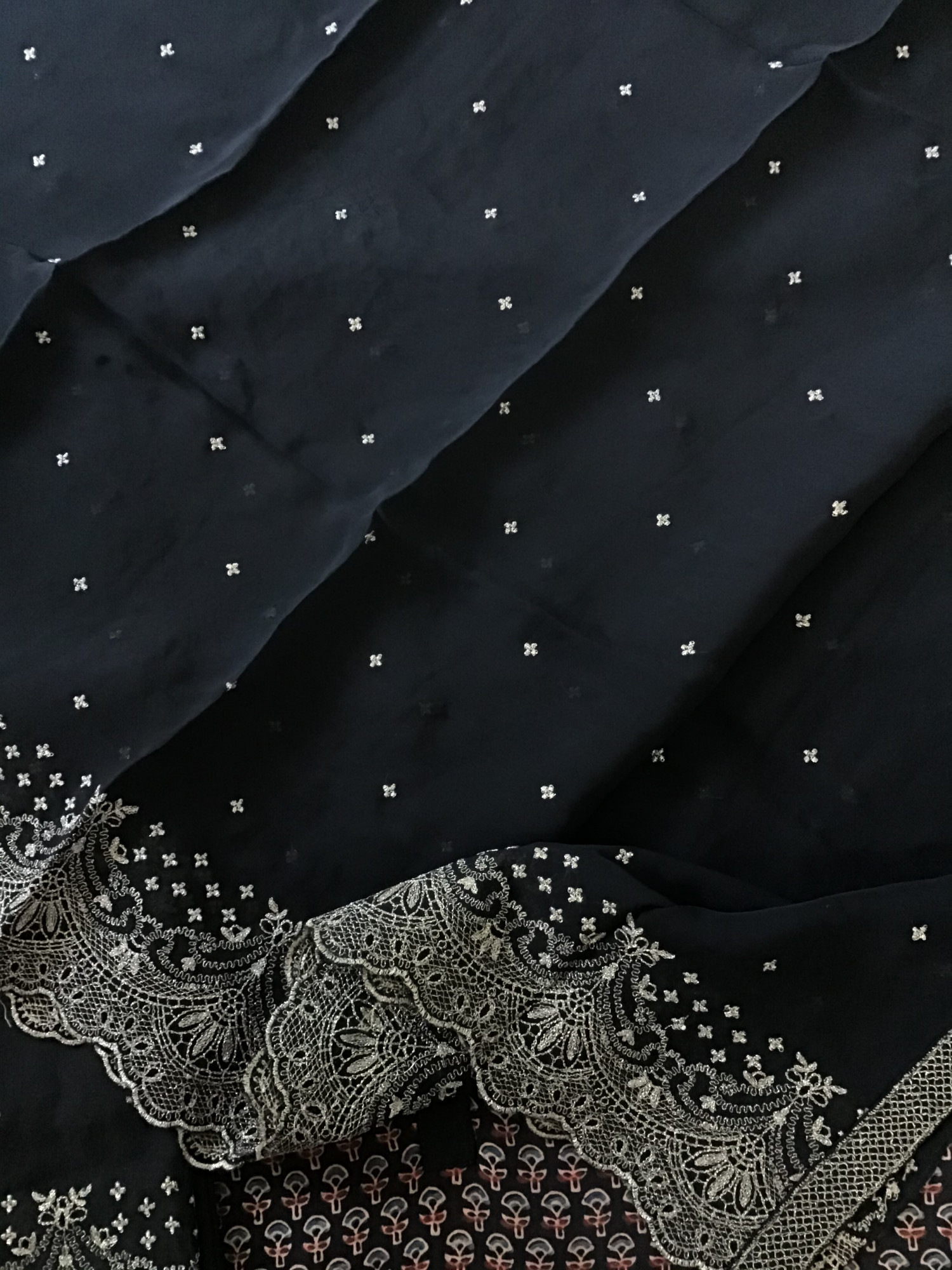 Pure Muslin Silk Printed Embroidered Suit - Black