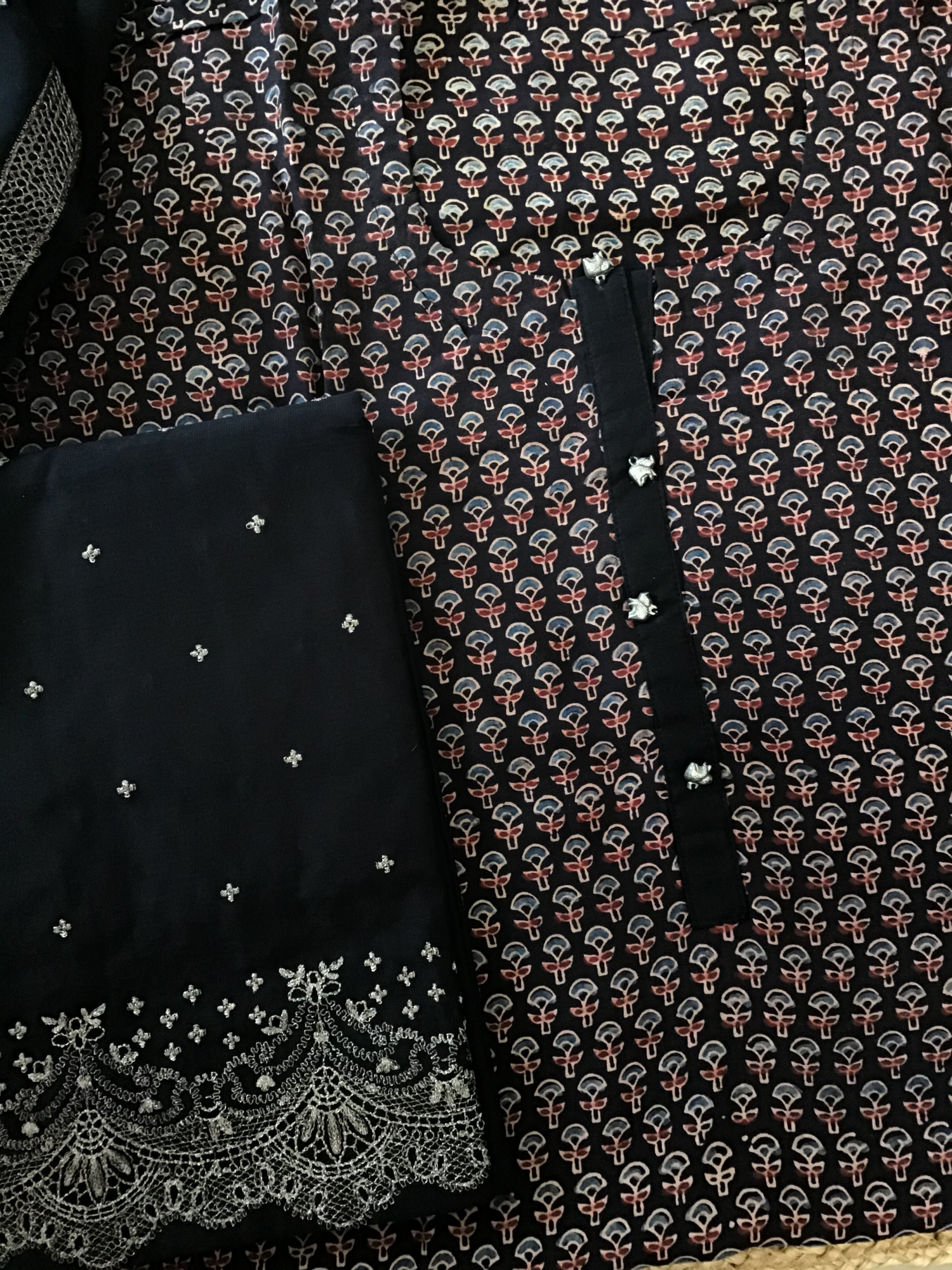 Pure Muslin Silk Printed Embroidered Suit - Black