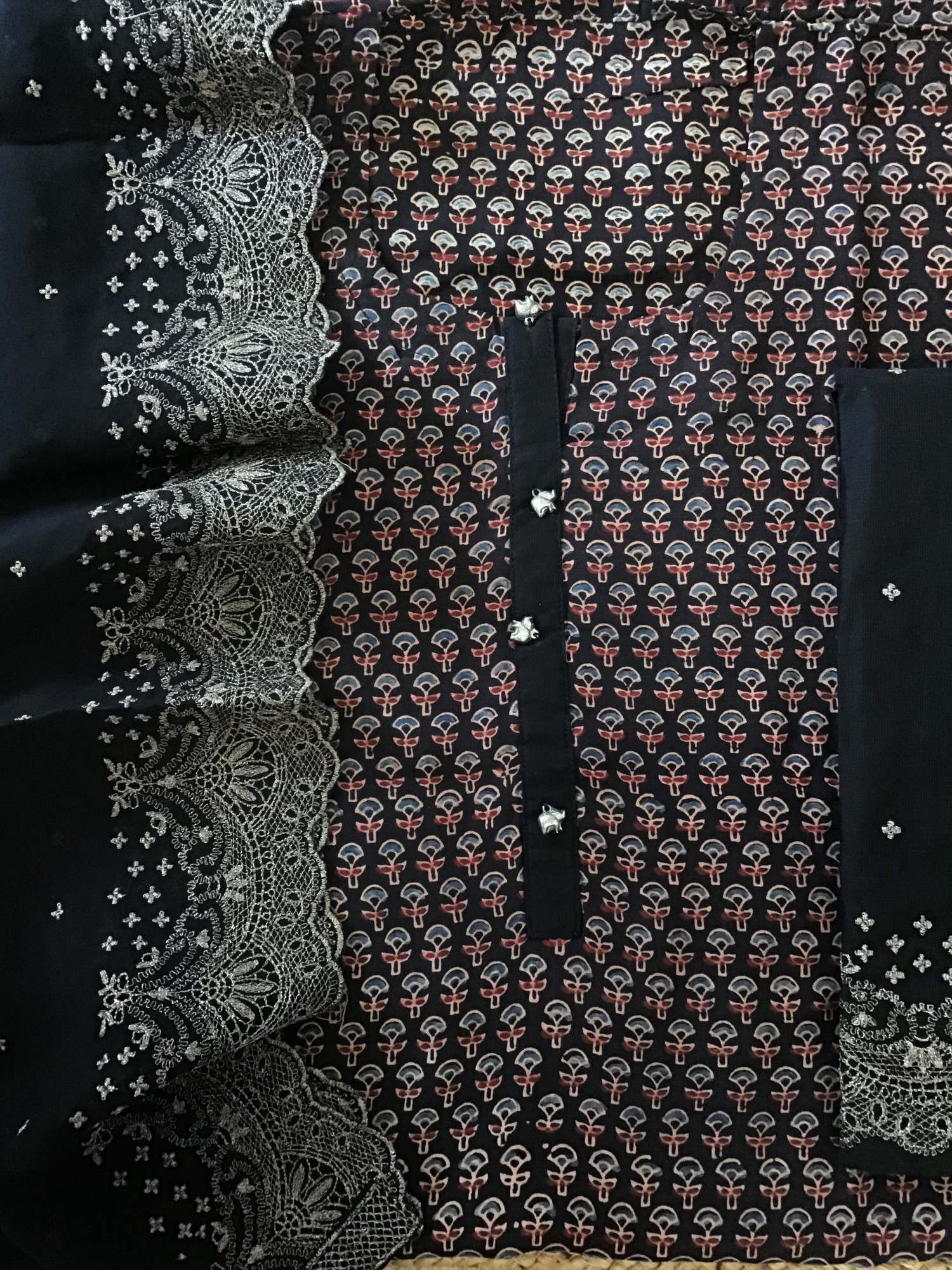 Pure Muslin Silk Printed Embroidered Suit - Black