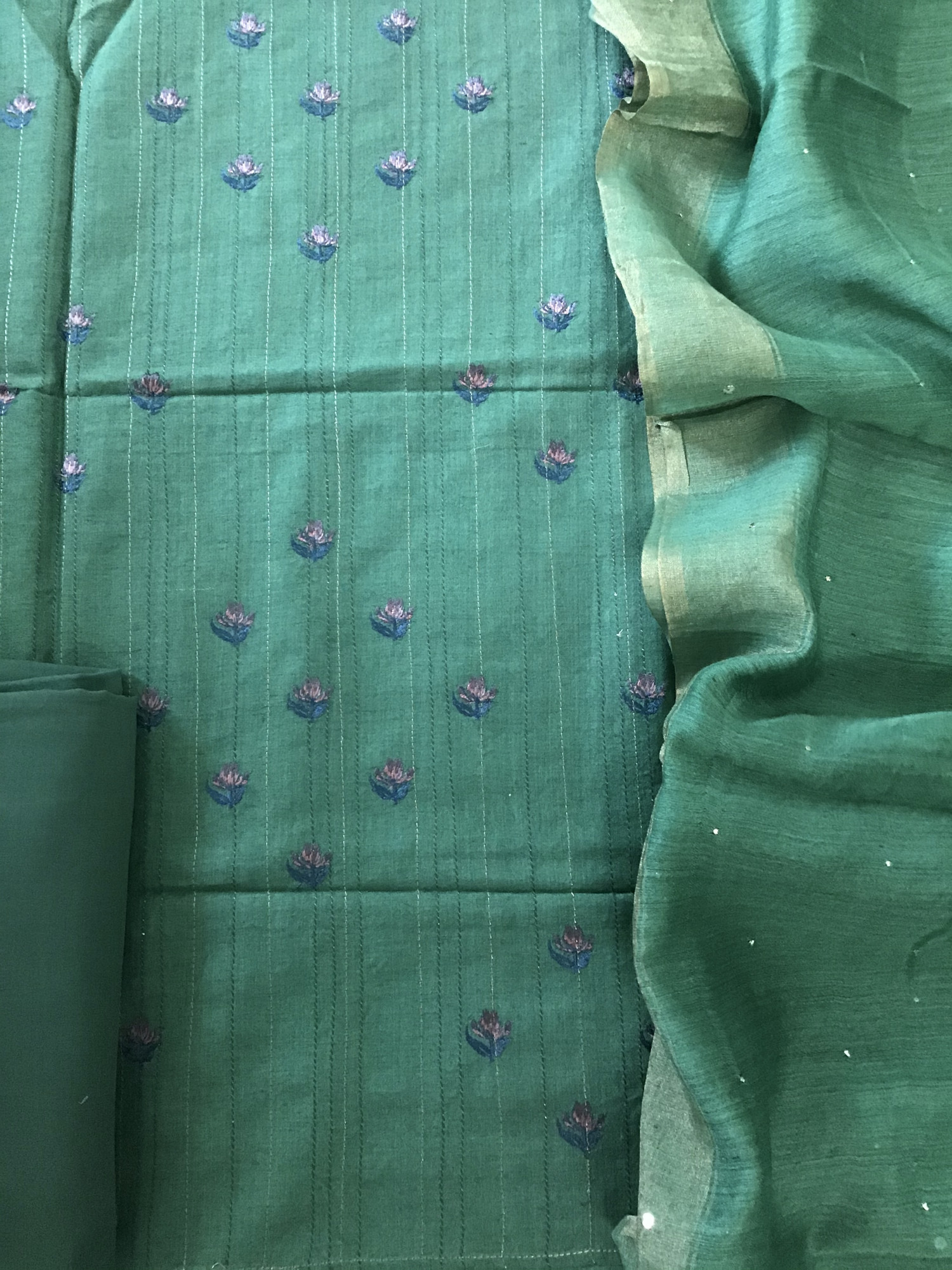 Pure Munga Silk Embroidered Suit - Green