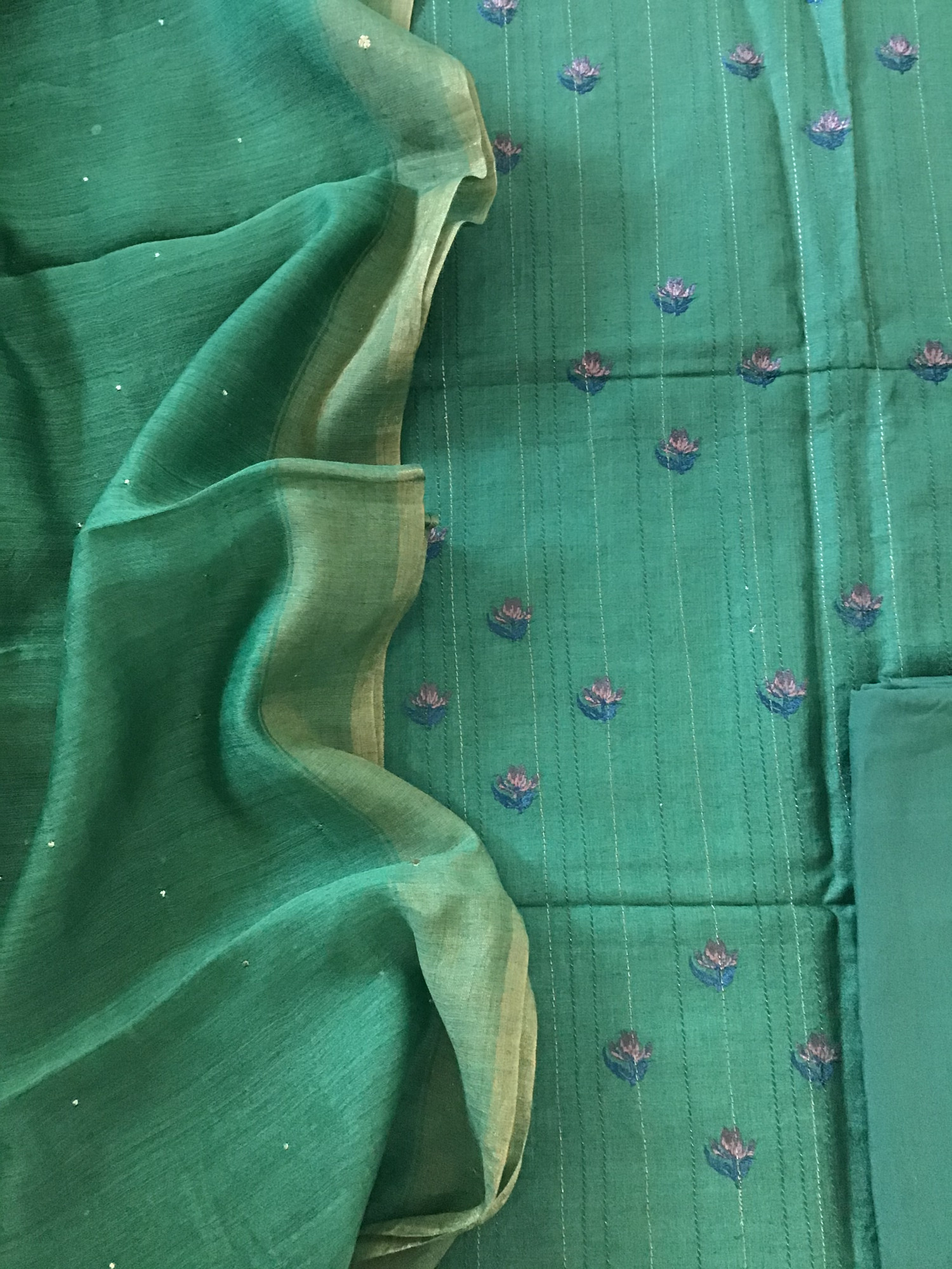 Pure Munga Silk Embroidered Suit - Green