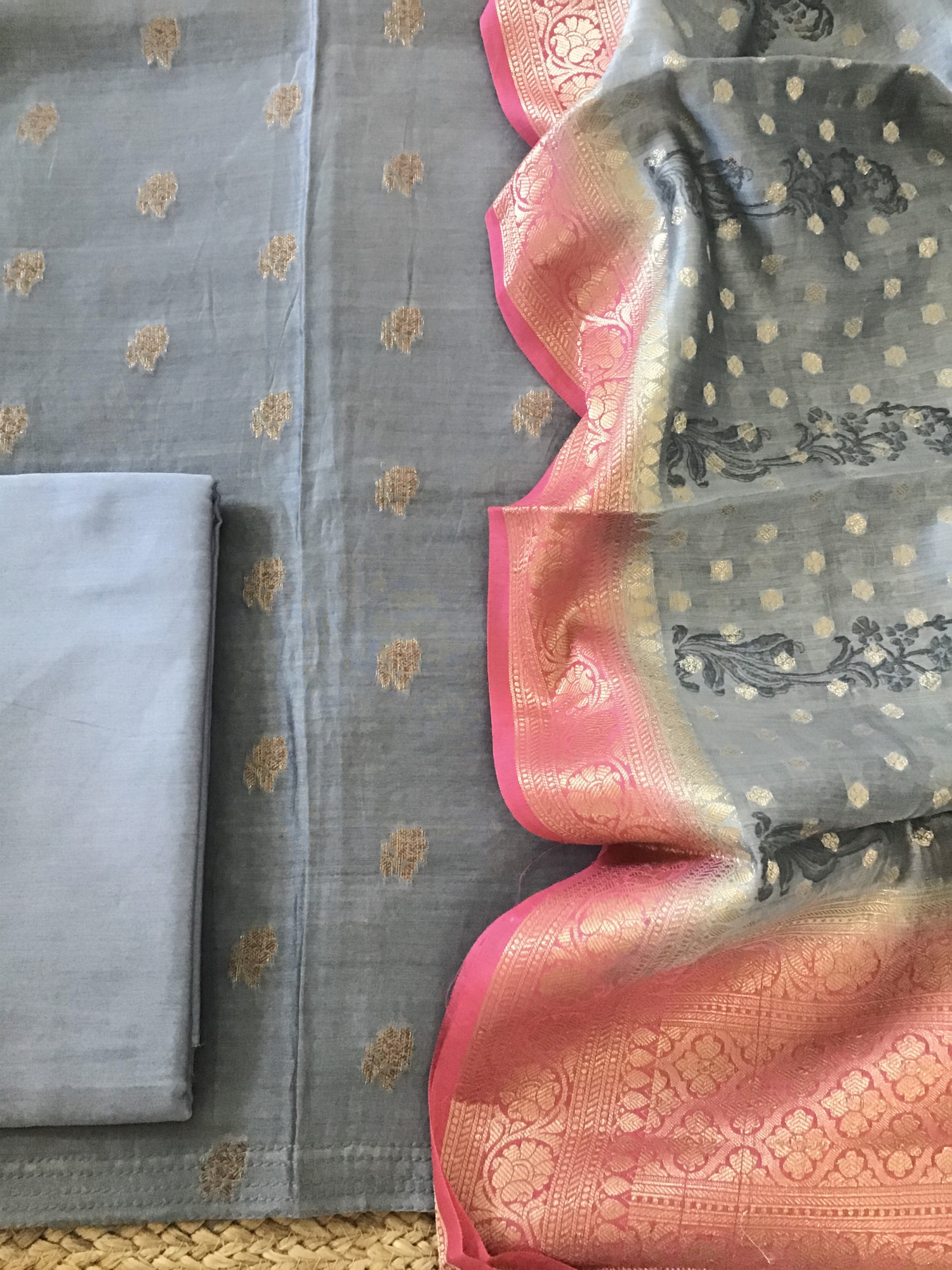 Pure Chanderi Banarasi Weaved Printed Suit - Grey