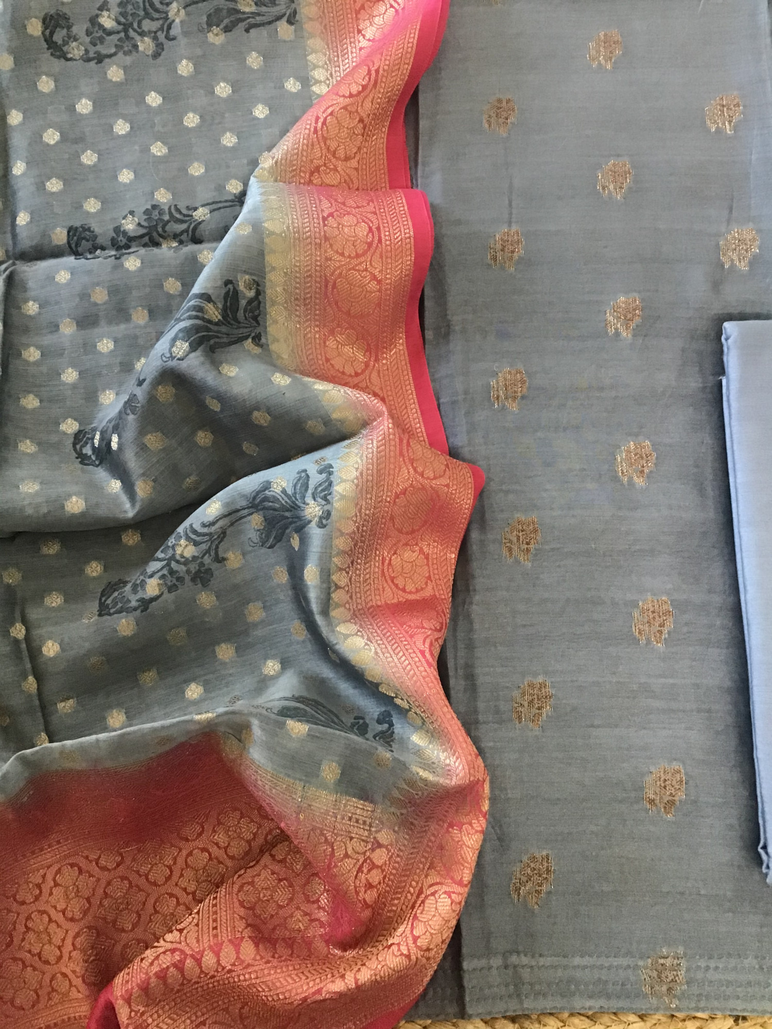 Pure Chanderi Banarasi Weaved Printed Suit - Grey