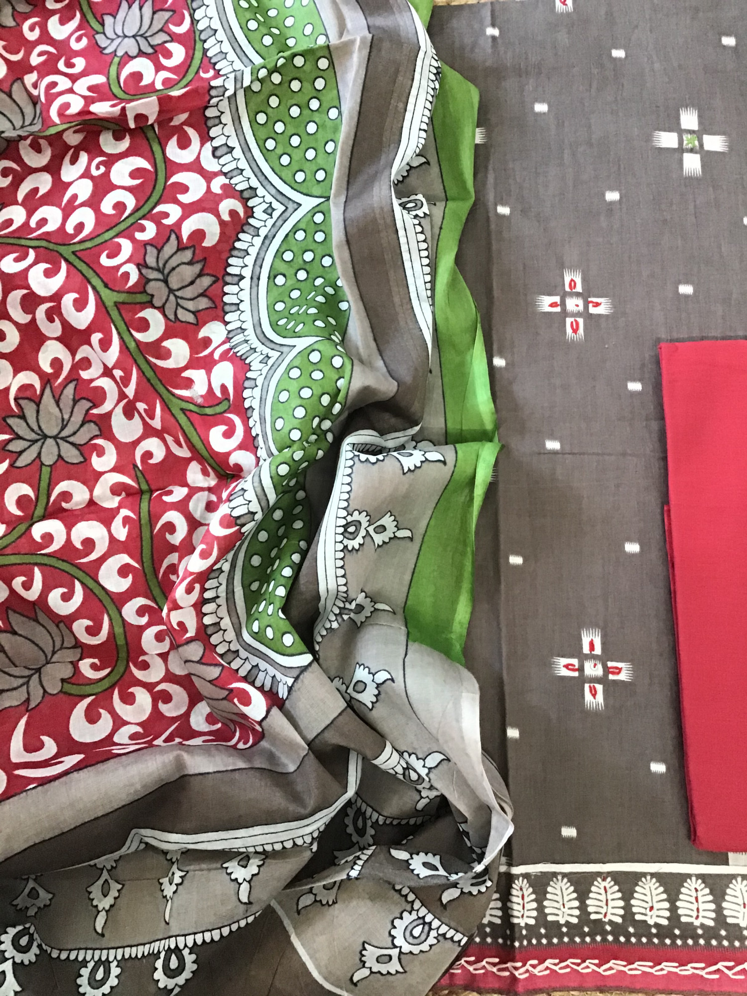 Pure Cotton Printed Embroidered Suit - Brown