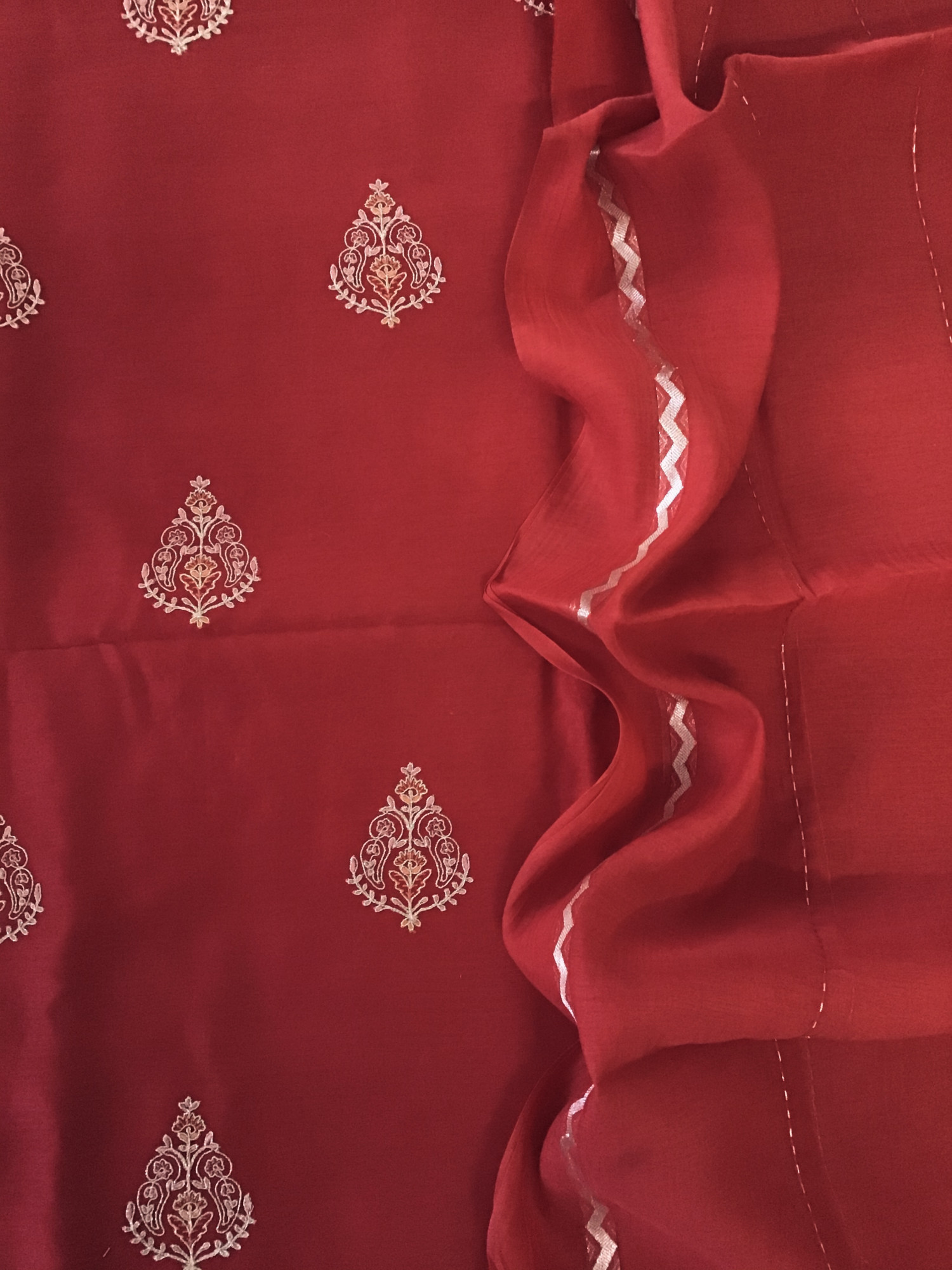 Pure Chanderi Embroidered Suit - Red