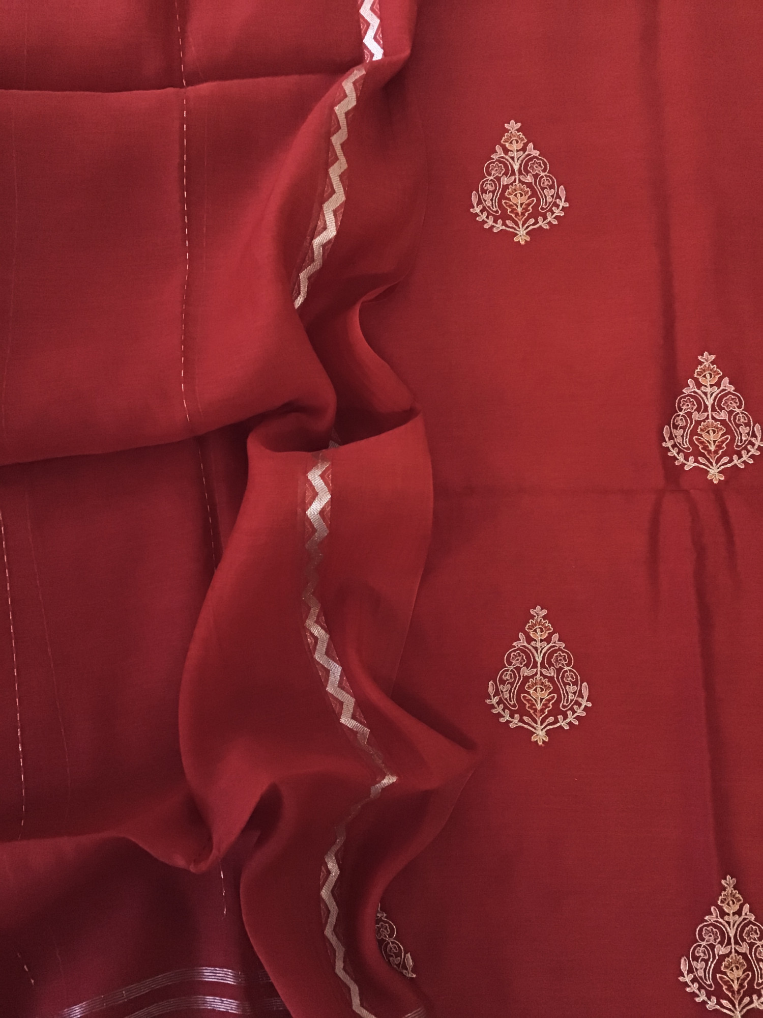 Pure Chanderi Embroidered Suit - Red