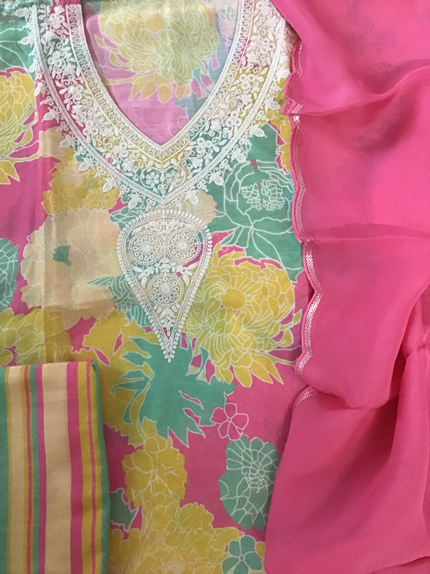 Pure Muslin Silk Printed Embroidered Suit - Pink