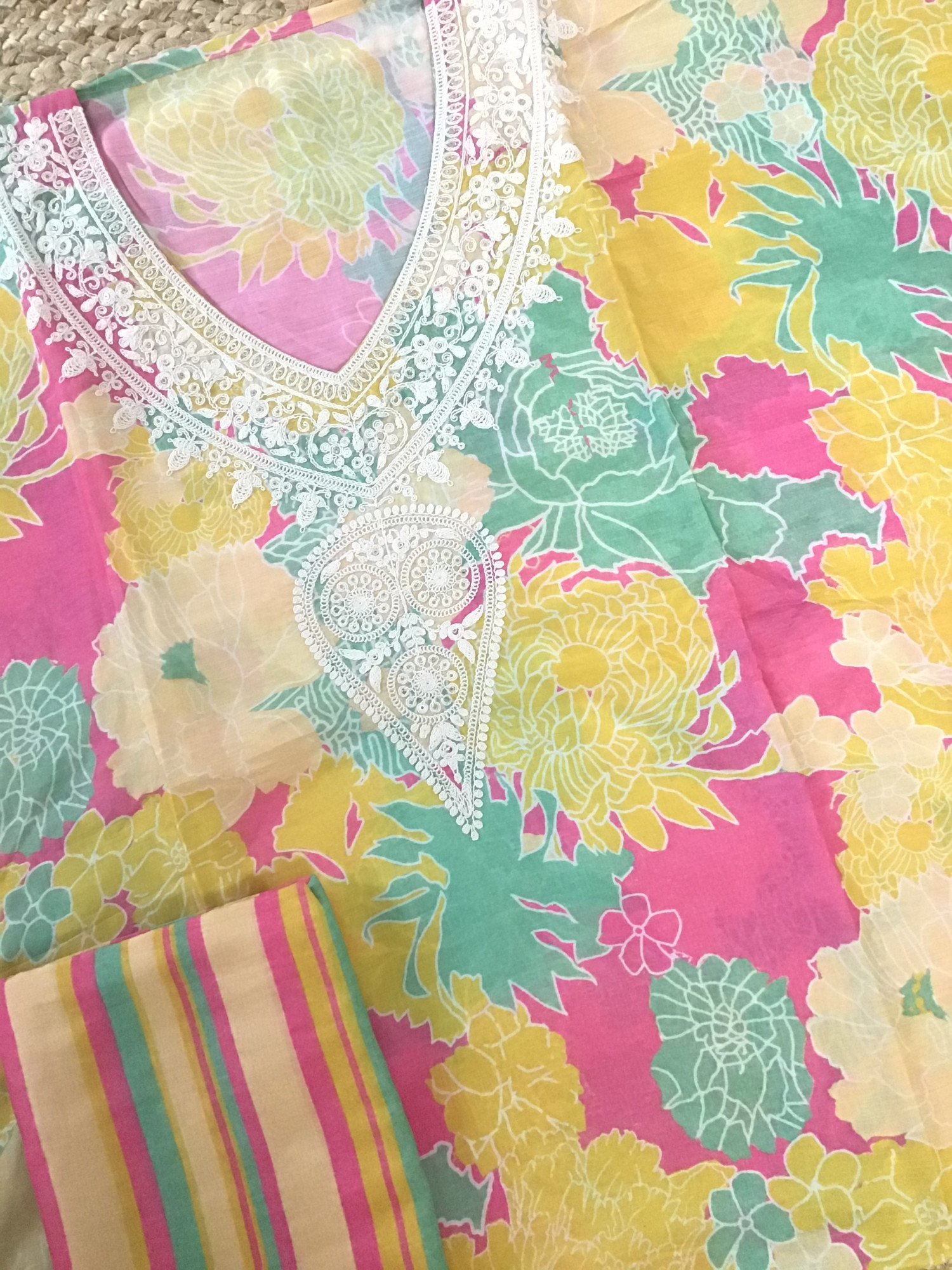 Pure Muslin Silk Printed Embroidered Suit - Pink