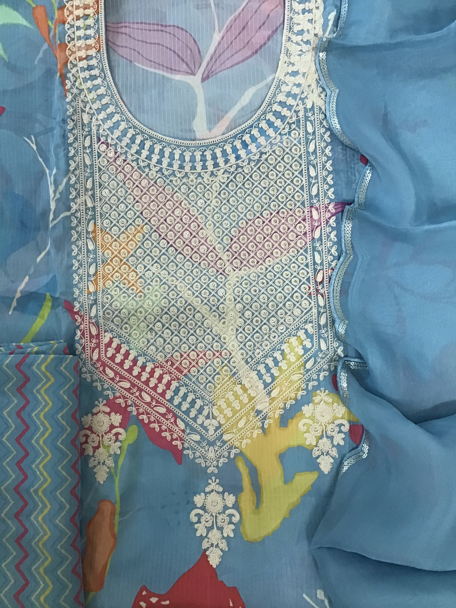 Pure Muslin Silk Printed Embroidered Suit - Blue