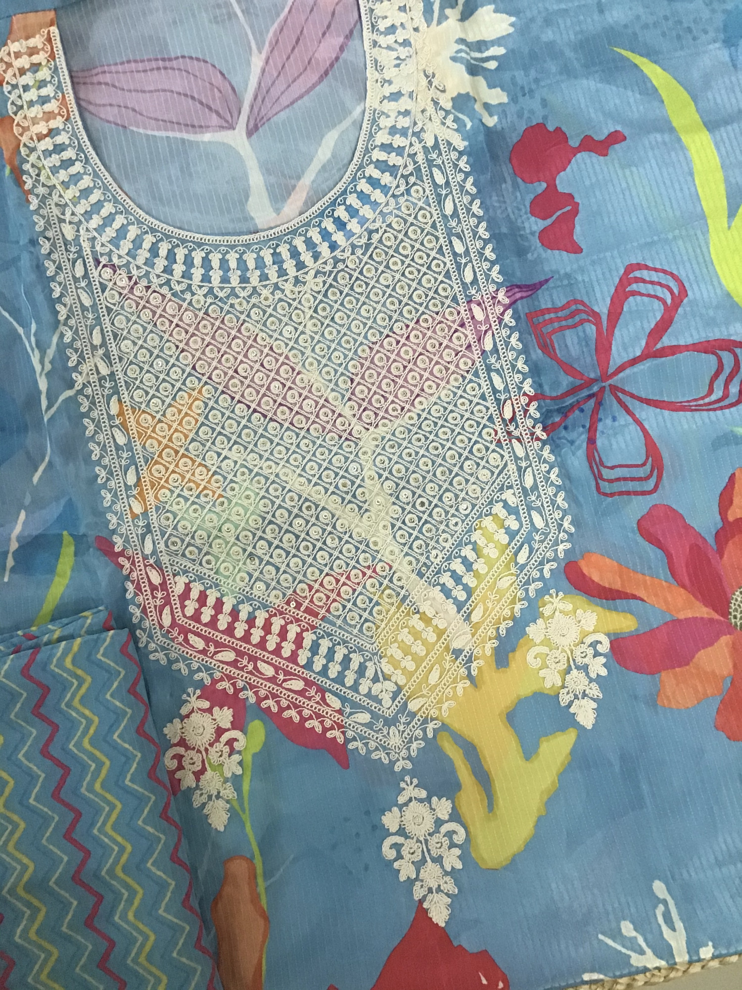 Pure Muslin Silk Printed Embroidered Suit - Blue