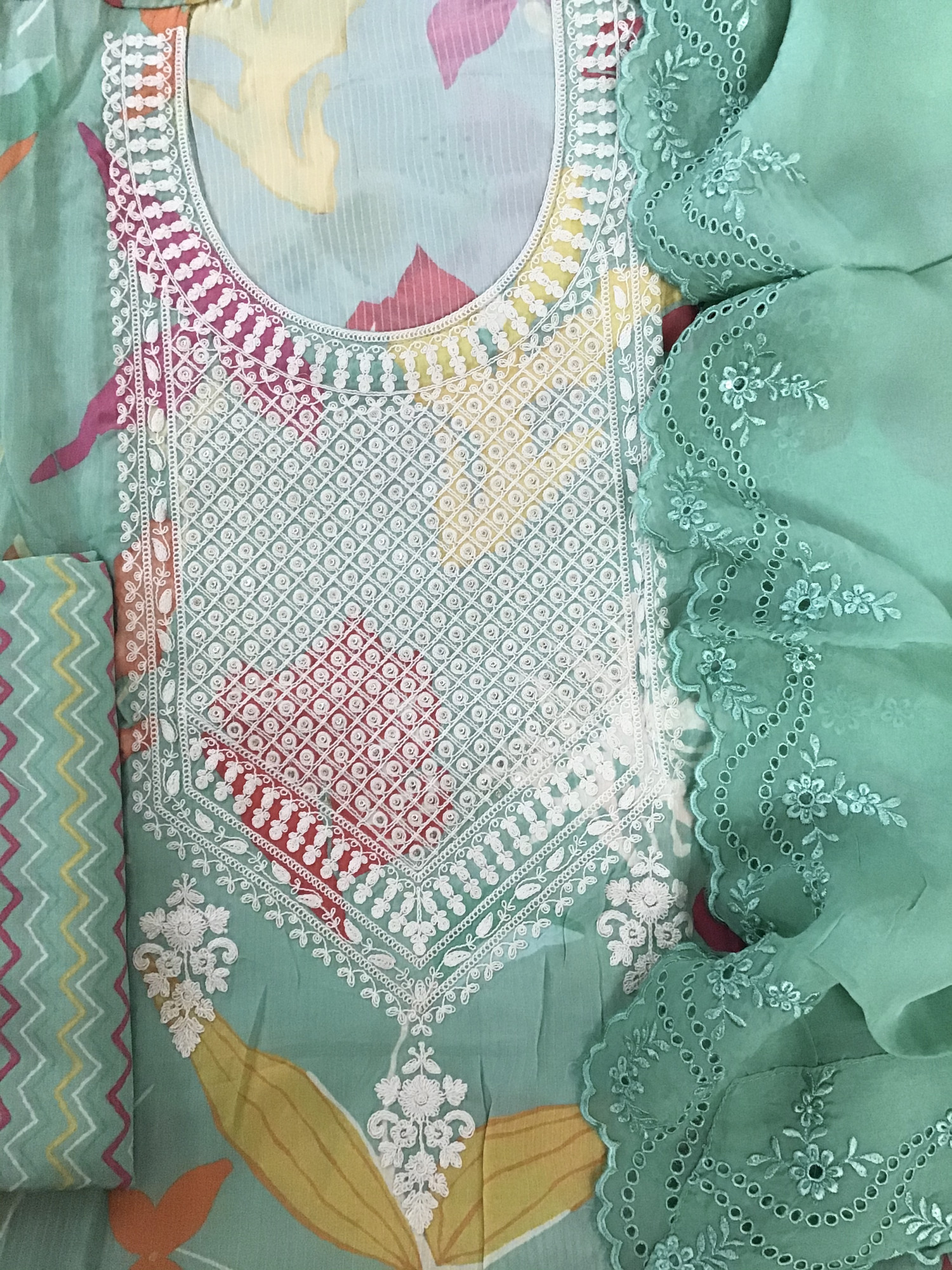 Pure Muslin Silk Printed Embroidered Suit - Green