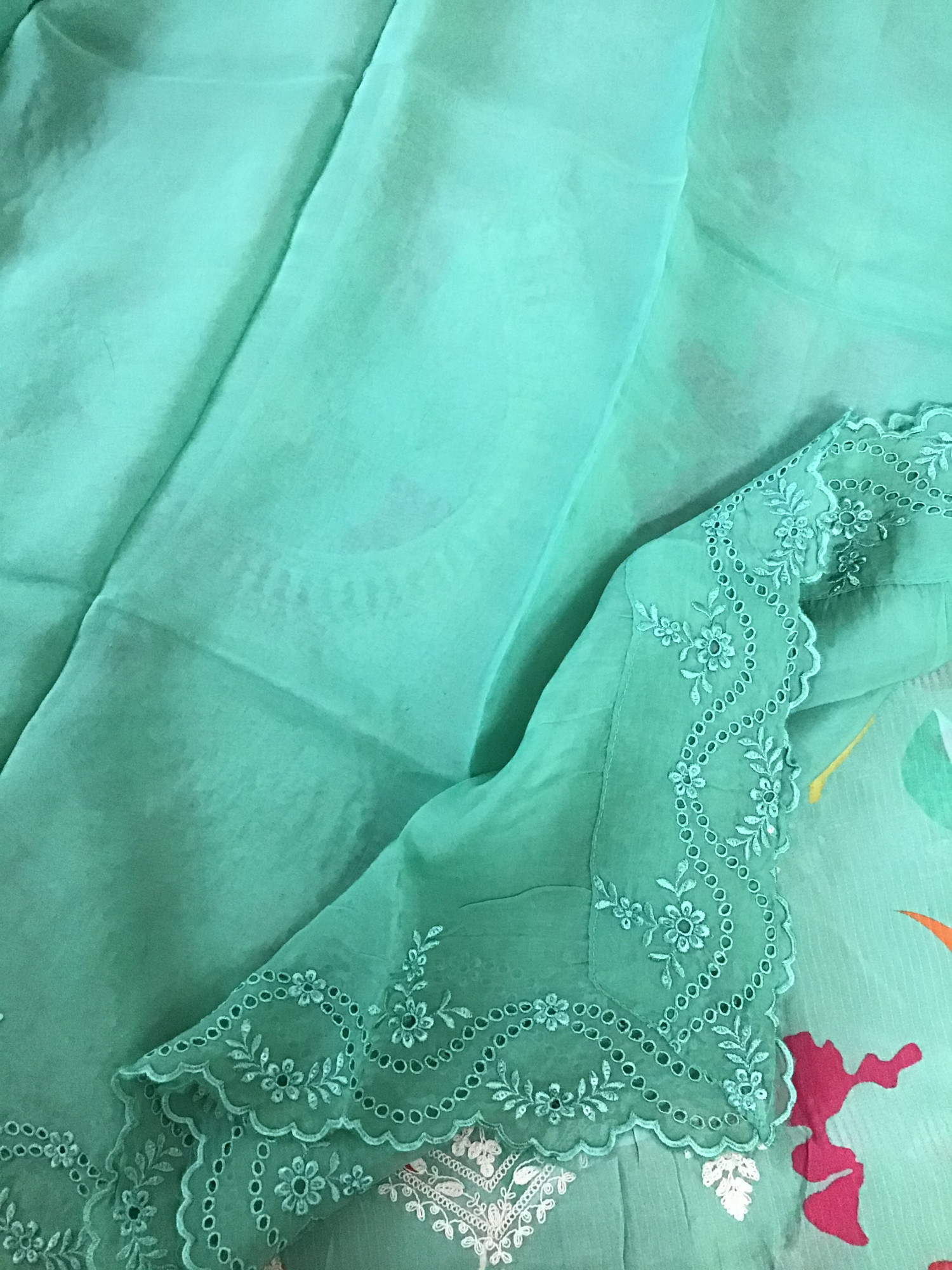 Pure Muslin Silk Printed Embroidered Suit - Green