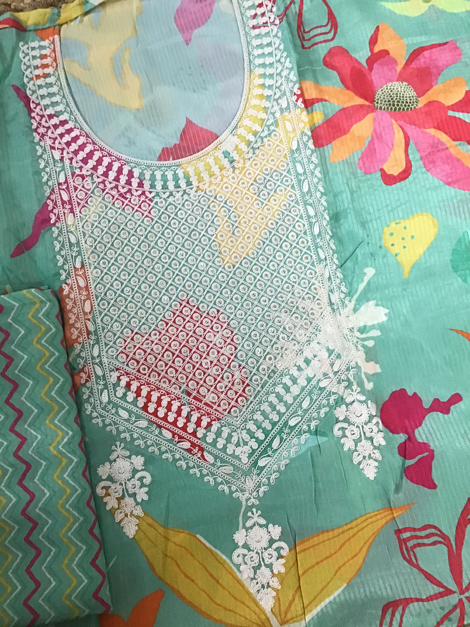 Pure Muslin Silk Printed Embroidered Suit - Green