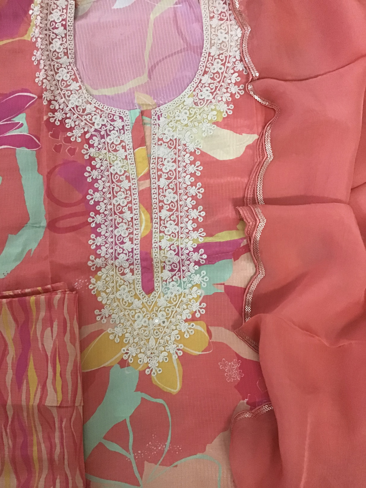 Pure Muslin Silk Printed Embroidered Suit - Orange