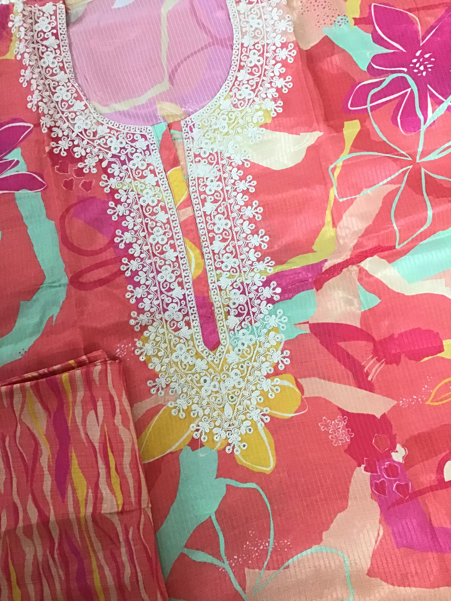 Pure Muslin Silk Printed Embroidered Suit - Orange