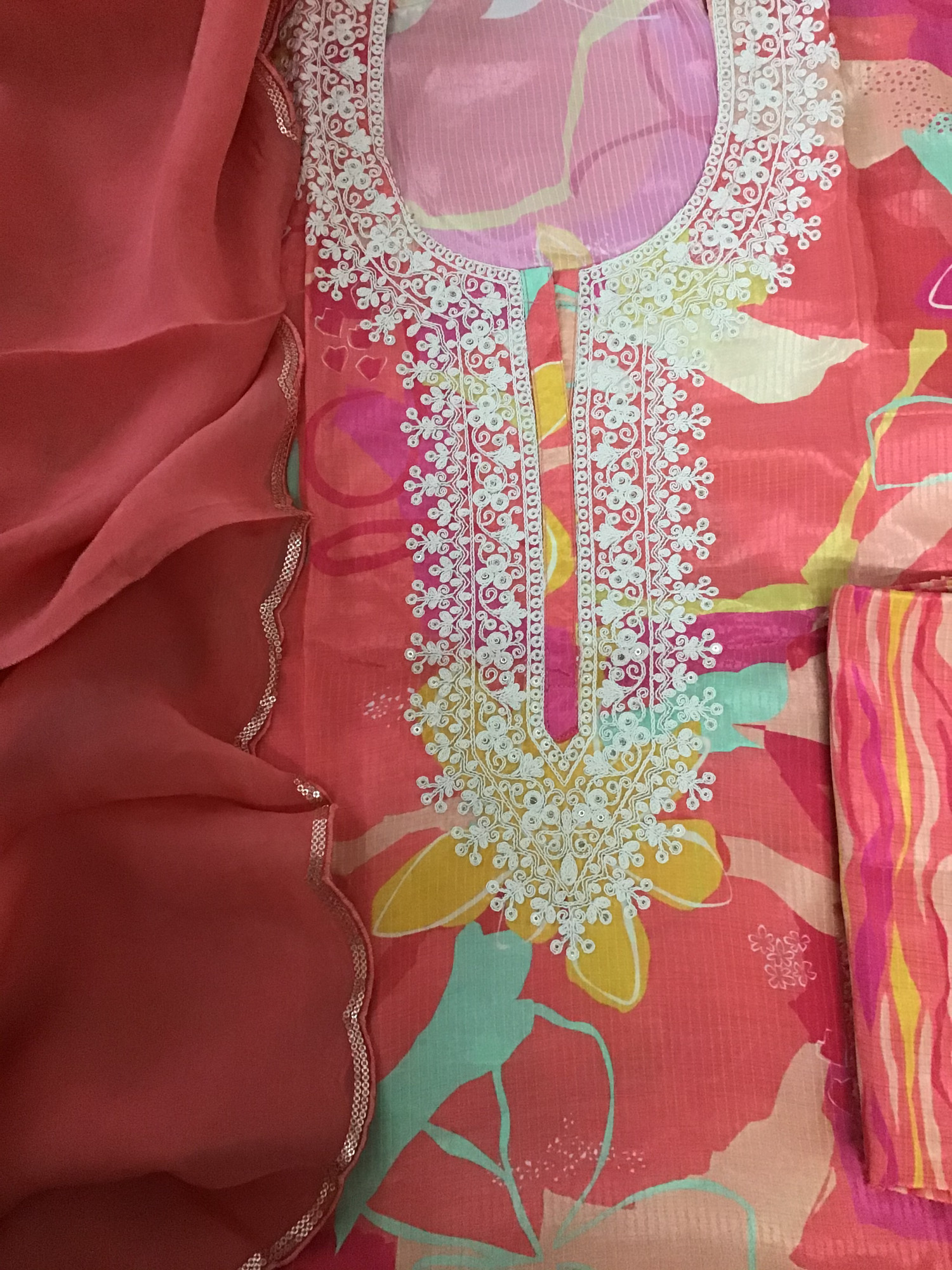 Pure Muslin Silk Printed Embroidered Suit - Orange