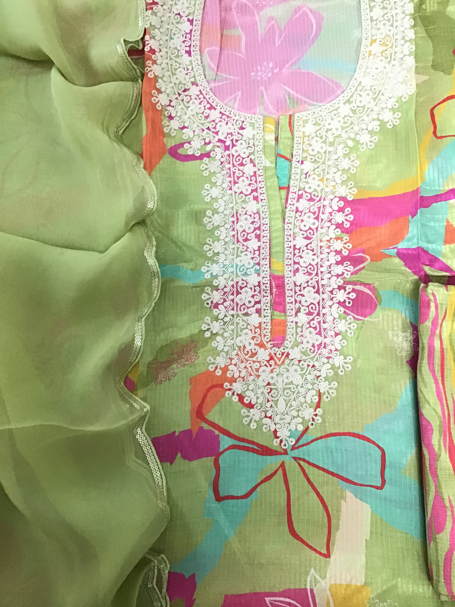 Pure Muslin Silk Printed Embroidered Suit - Green