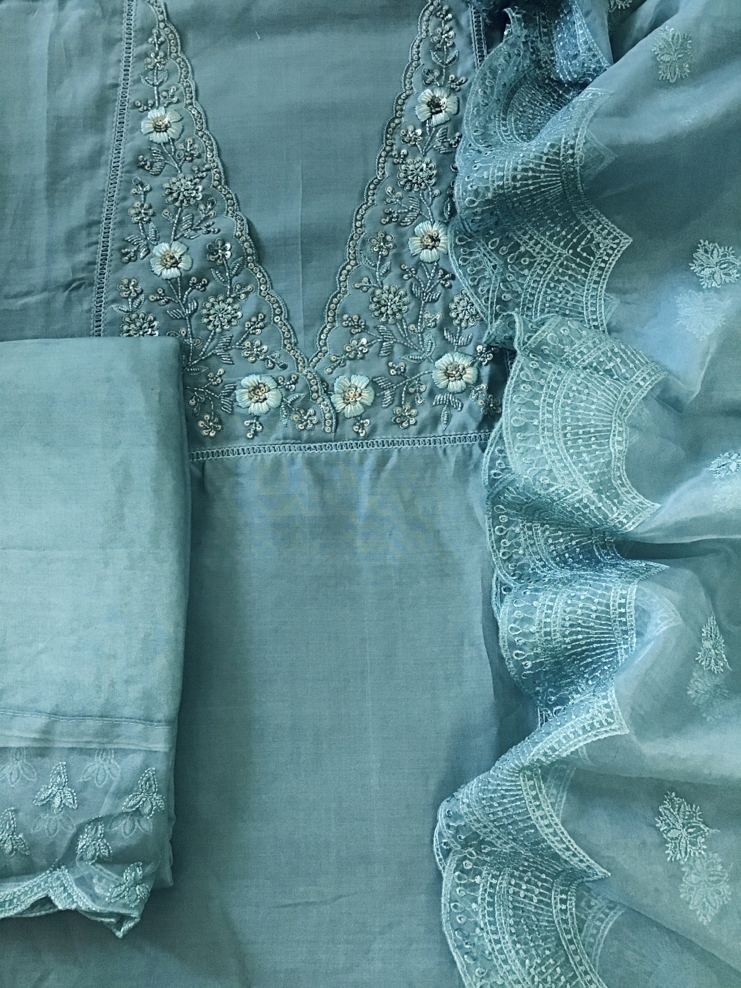 Soft Mul Chanderi Embroidered Suit - Blue