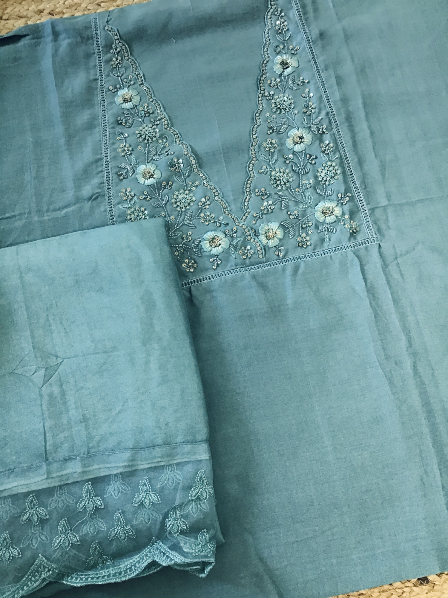Soft Mul Chanderi Embroidered Suit - Blue