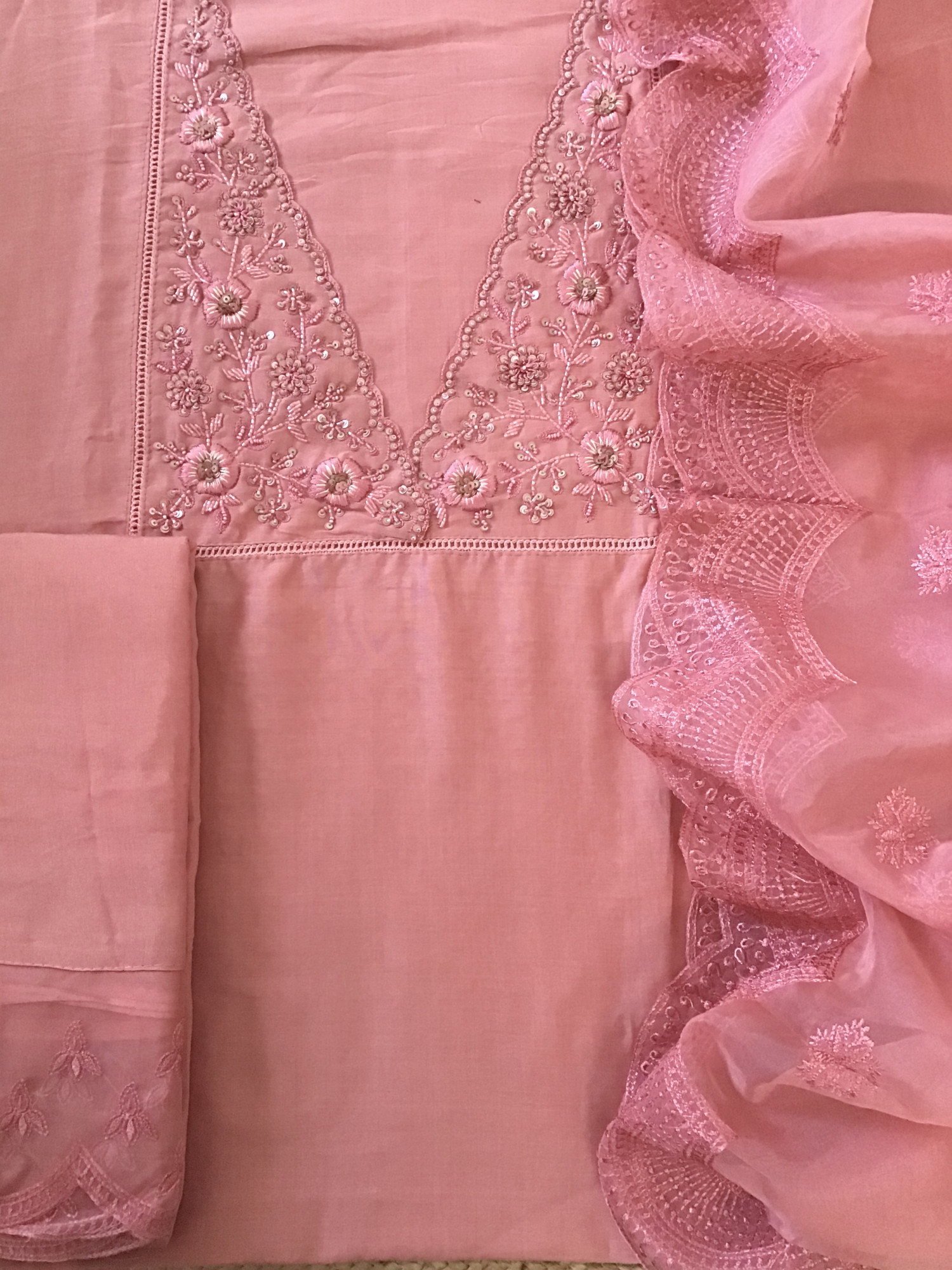 Soft Mul Chanderi Embroidered Suit - Peach