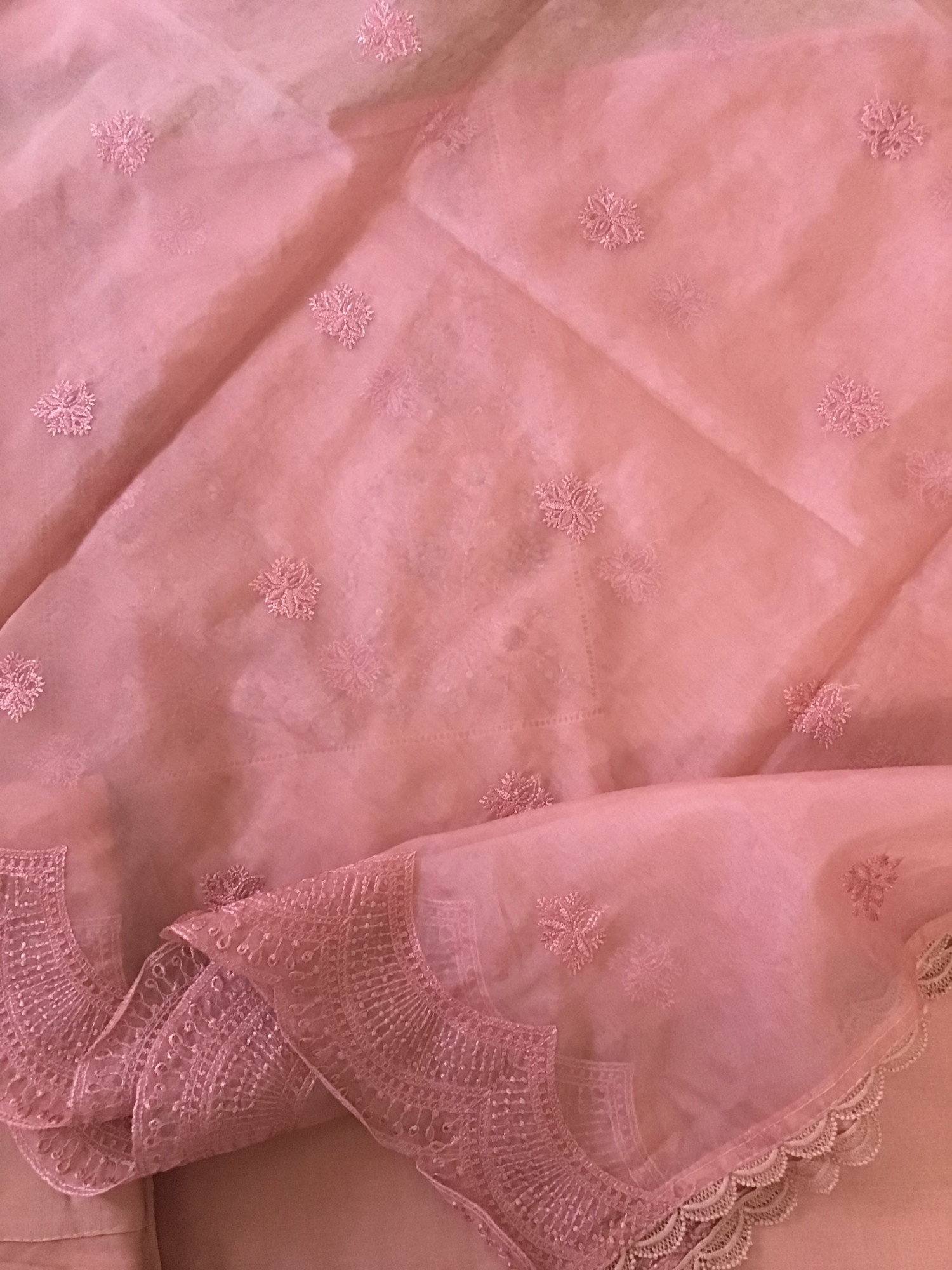 Soft Mul Chanderi Embroidered Suit - Peach