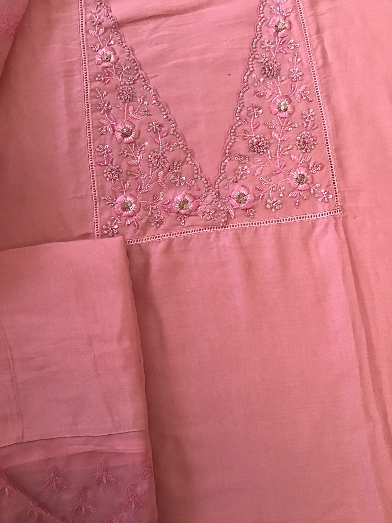 Soft Mul Chanderi Embroidered Suit - Peach