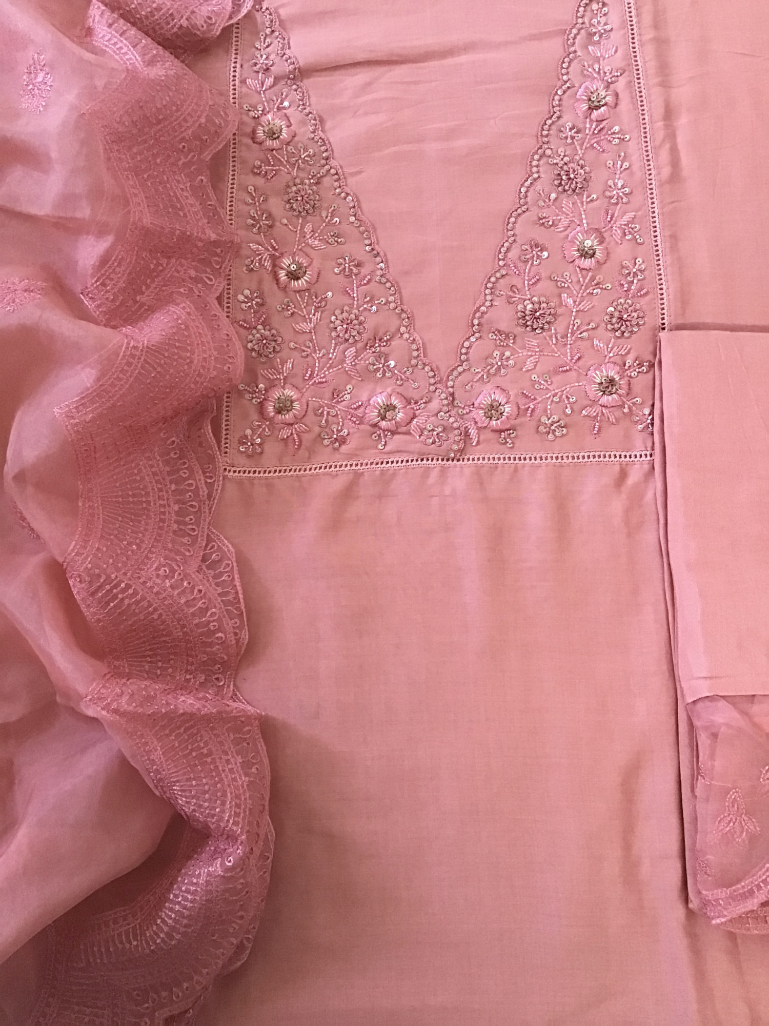 Soft Mul Chanderi Embroidered Suit - Peach