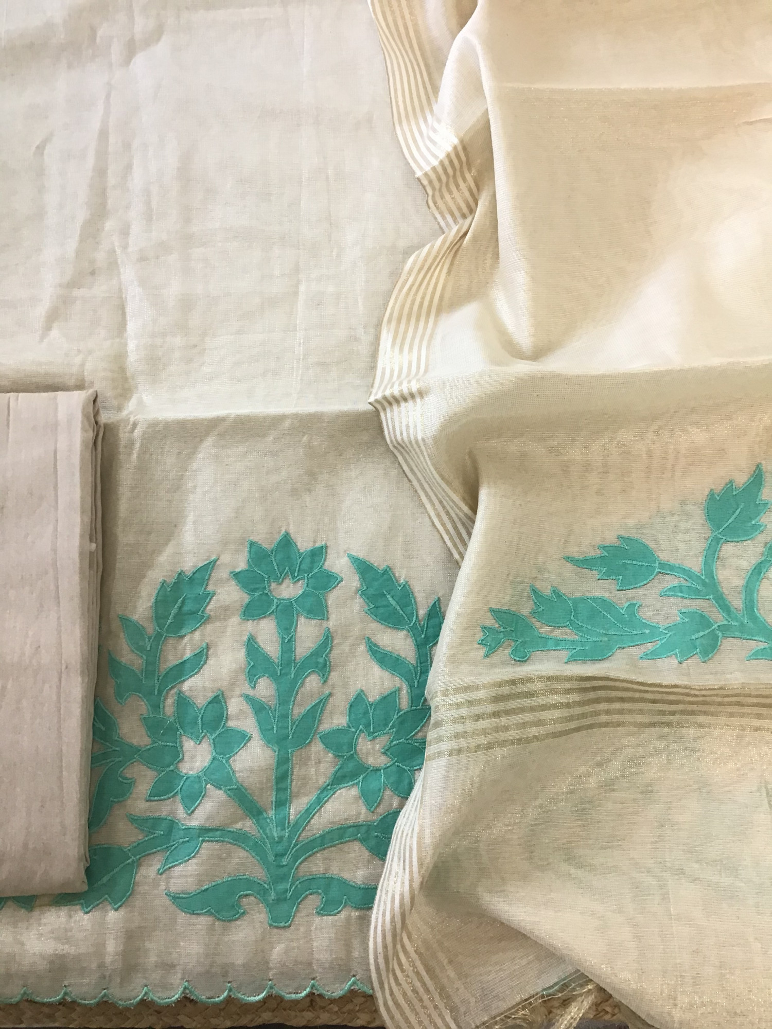 Soft Tissue Chanderi Embroidered Suit - BeigeBlue