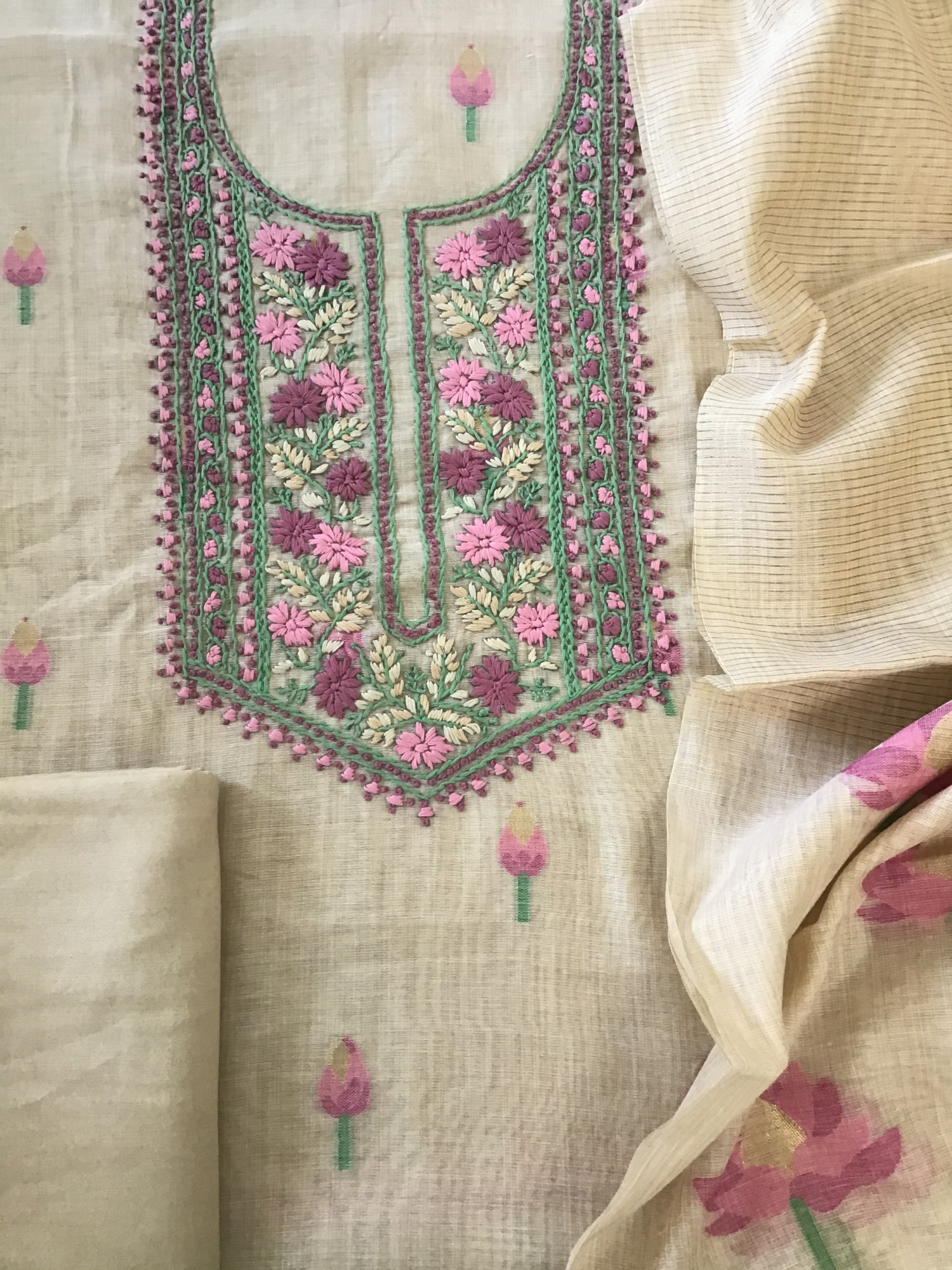 Soft Slub Chanderi Jamdani Weaved Embroidered Suit - Beige