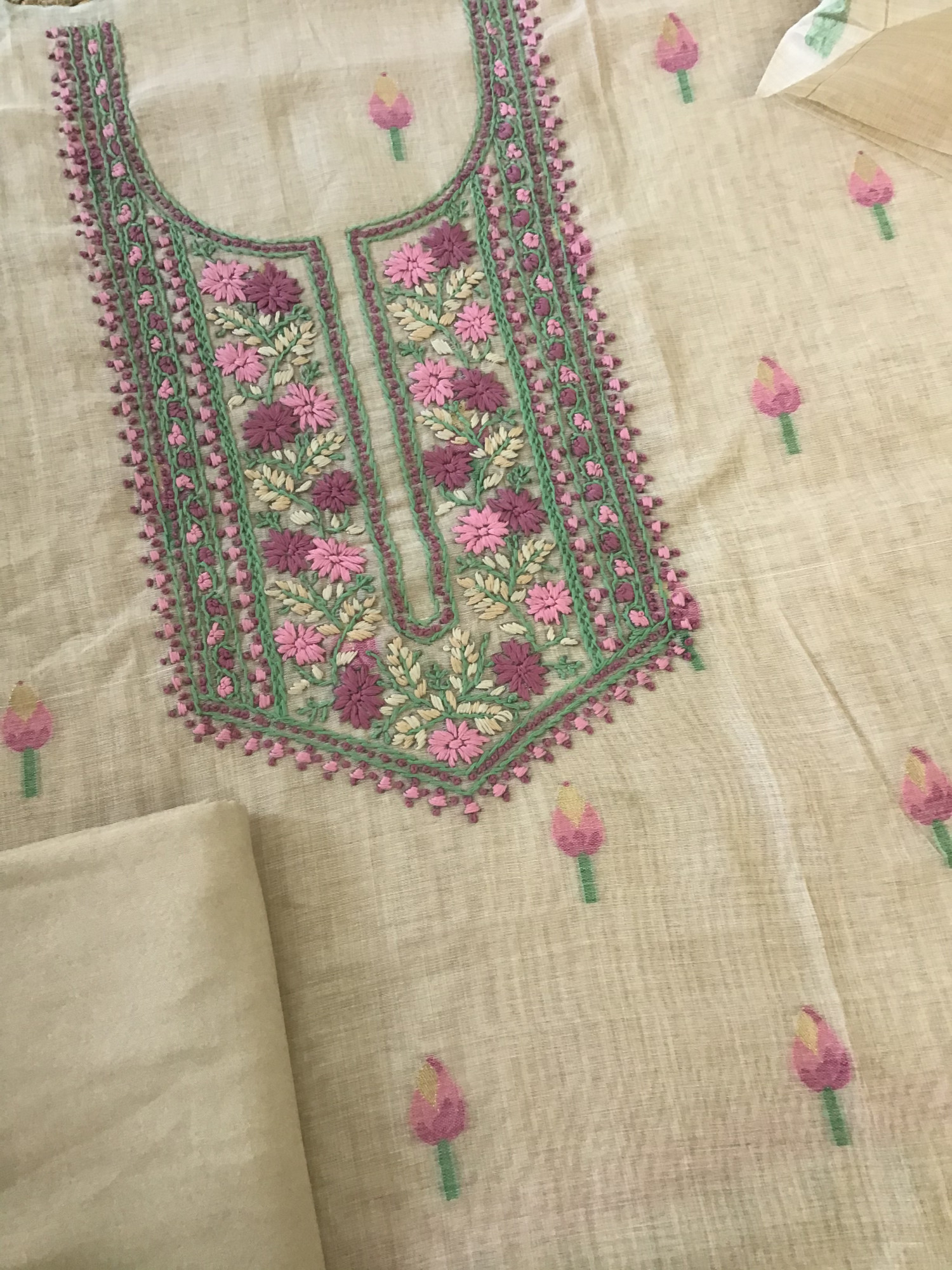 Soft Slub Chanderi Jamdani Weaved Embroidered Suit - Beige