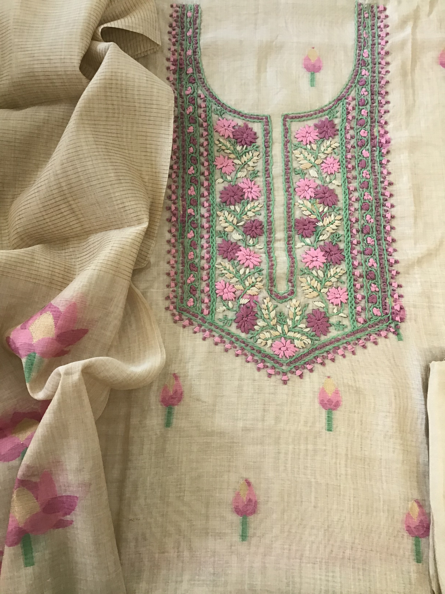 Soft Slub Chanderi Jamdani Weaved Embroidered Suit - Beige