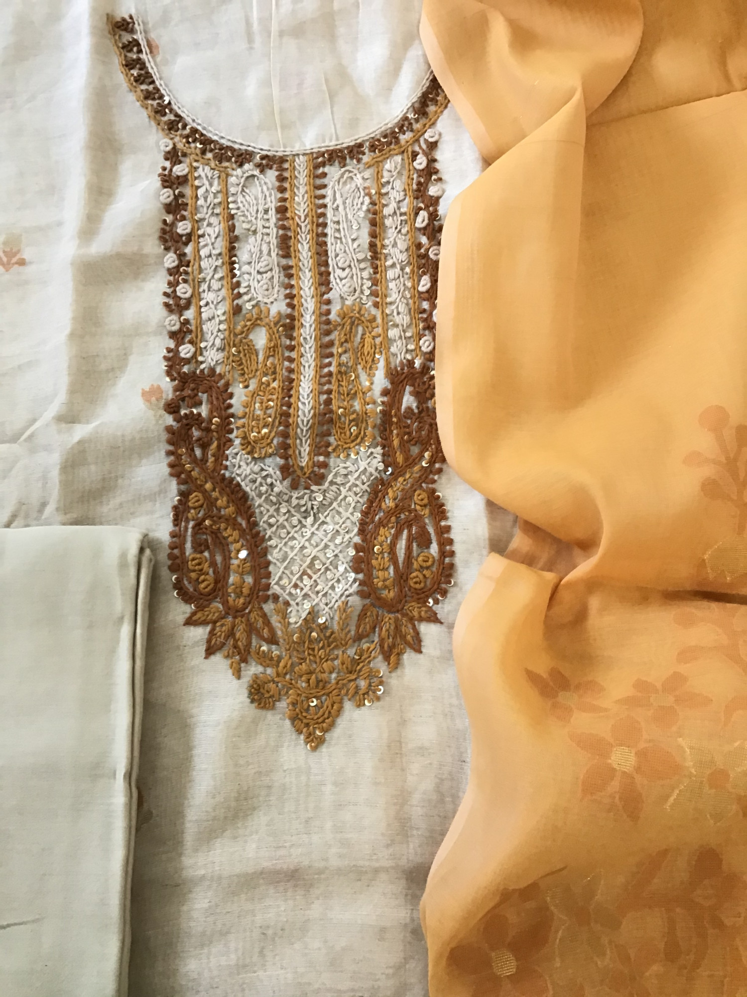 Soft Slub Chanderi Jamdani Weaved Embroidered Suit - Beige