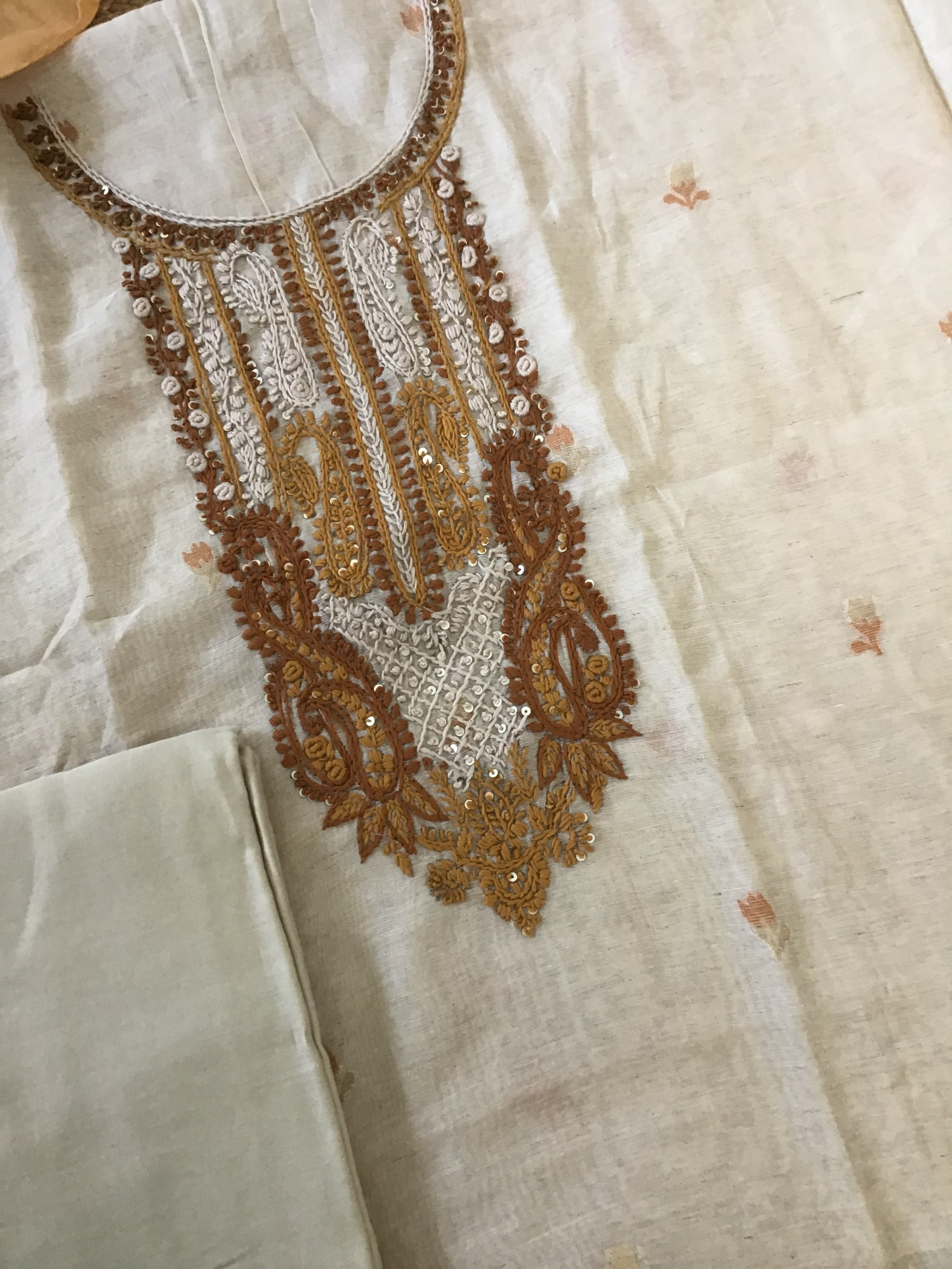 Soft Slub Chanderi Jamdani Weaved Embroidered Suit - Beige