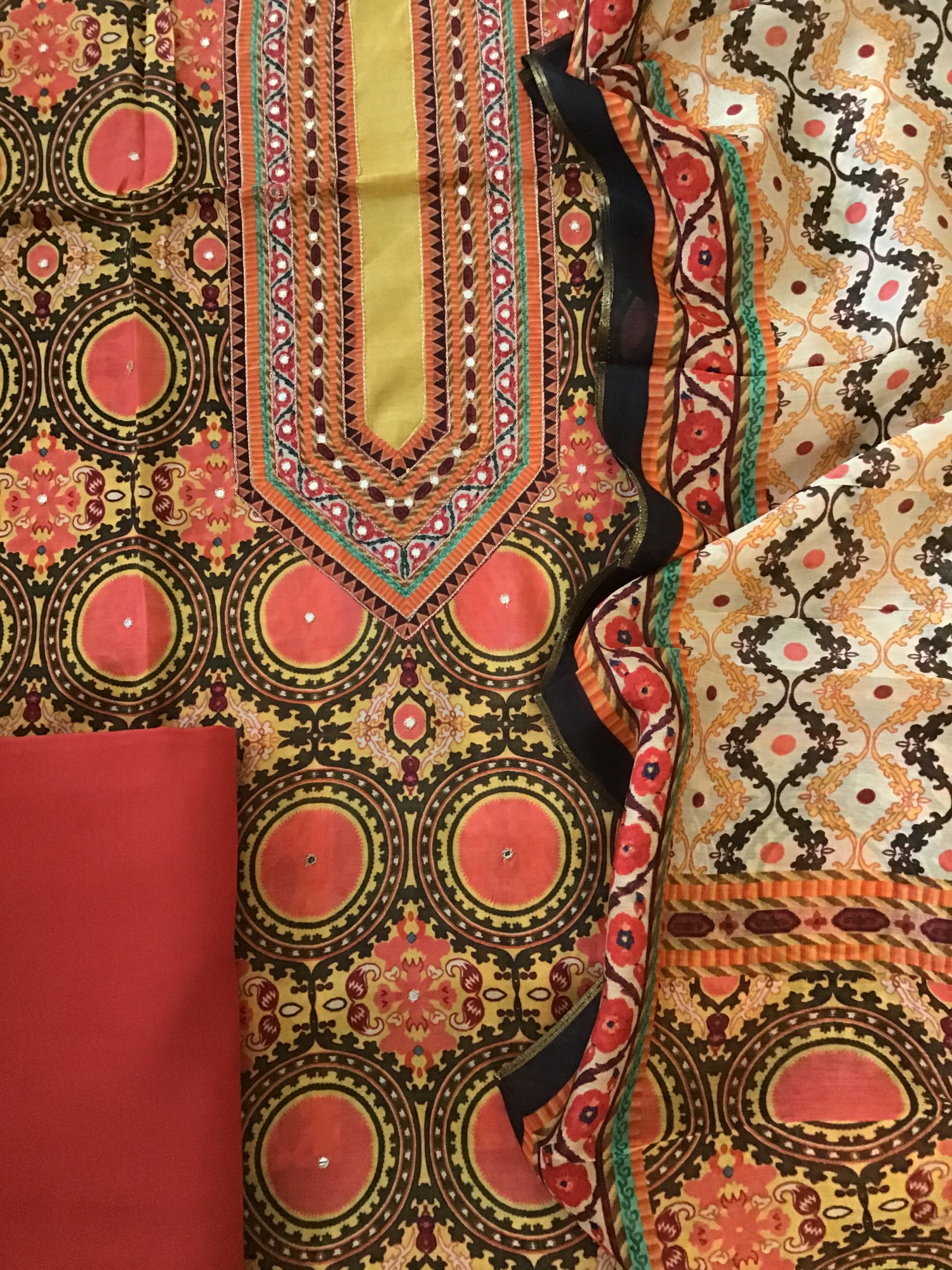 Pure Muslin Printed Embroidered Suit - Orange