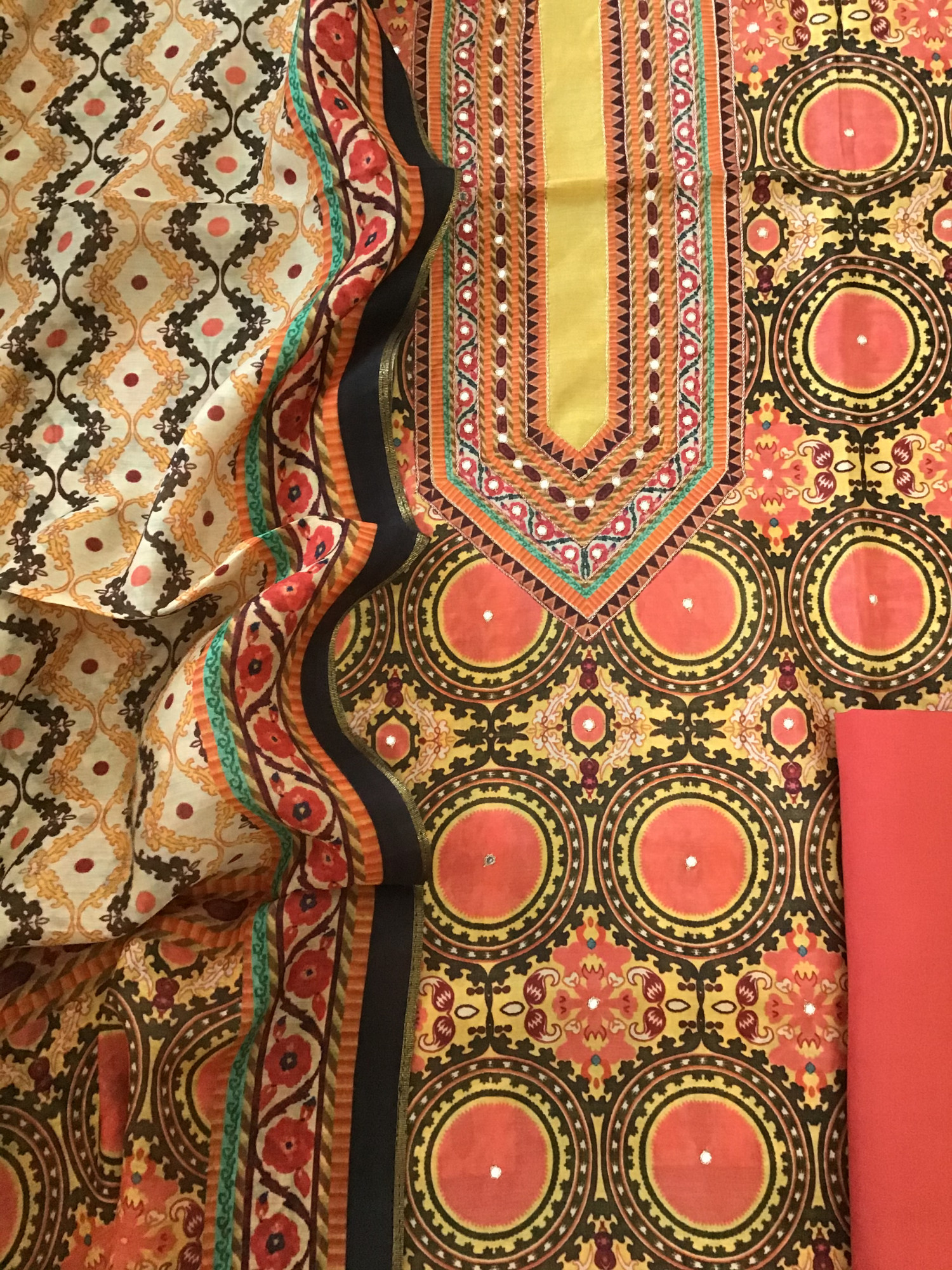 Pure Muslin Printed Embroidered Suit - Orange