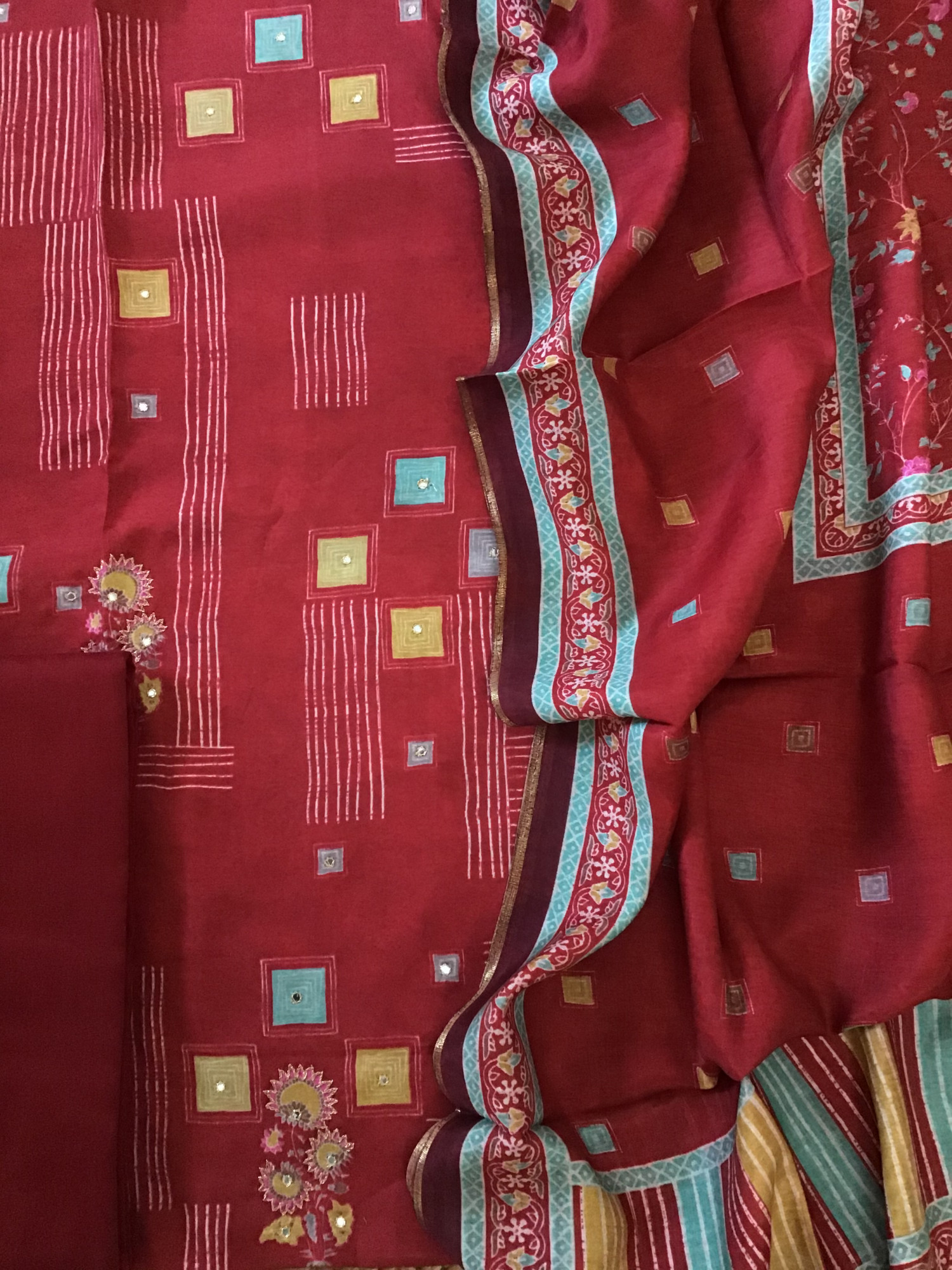 Pure Muslin Printed Embroidered Suit - Red