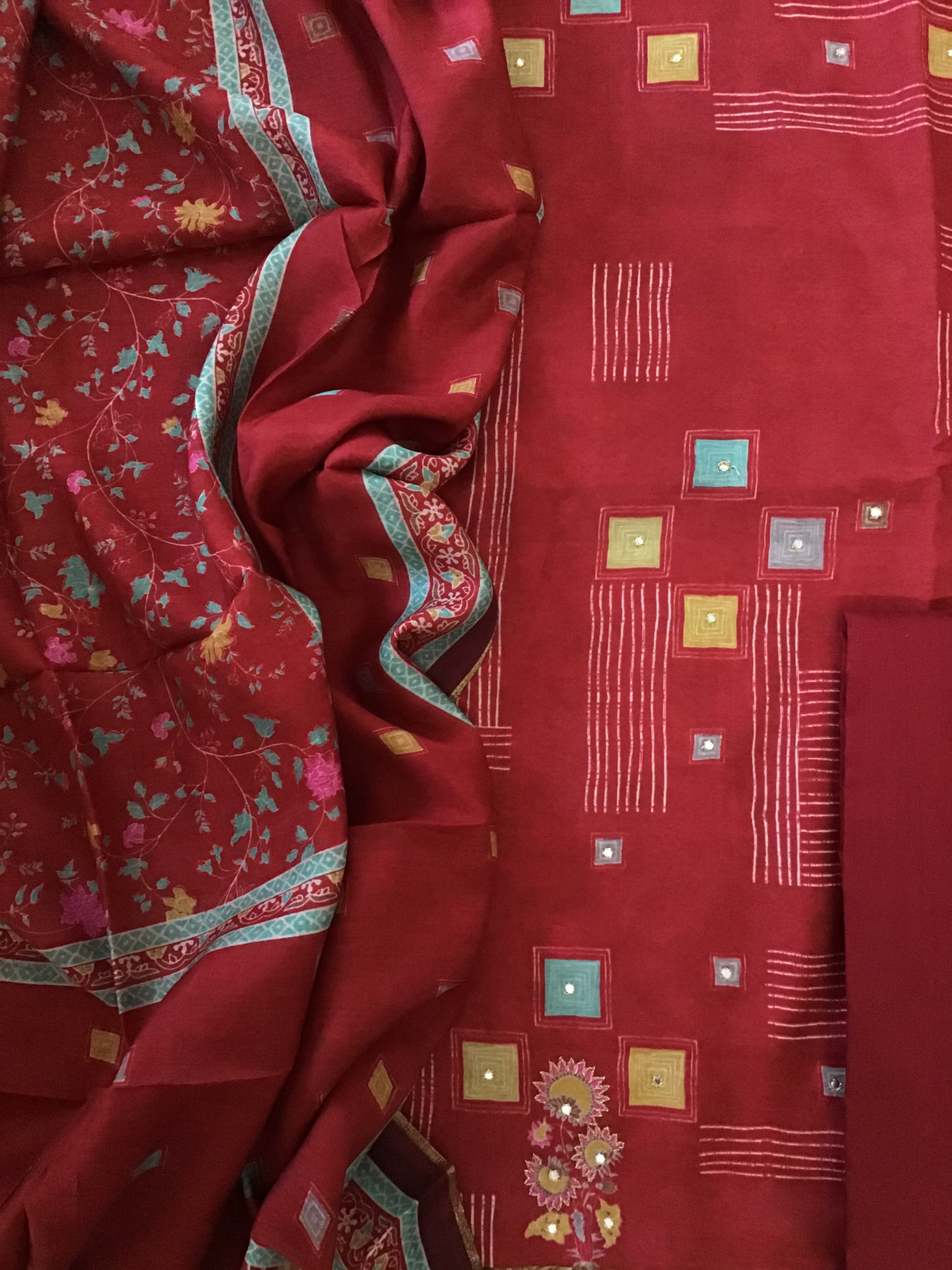 Pure Muslin Printed Embroidered Suit - Red