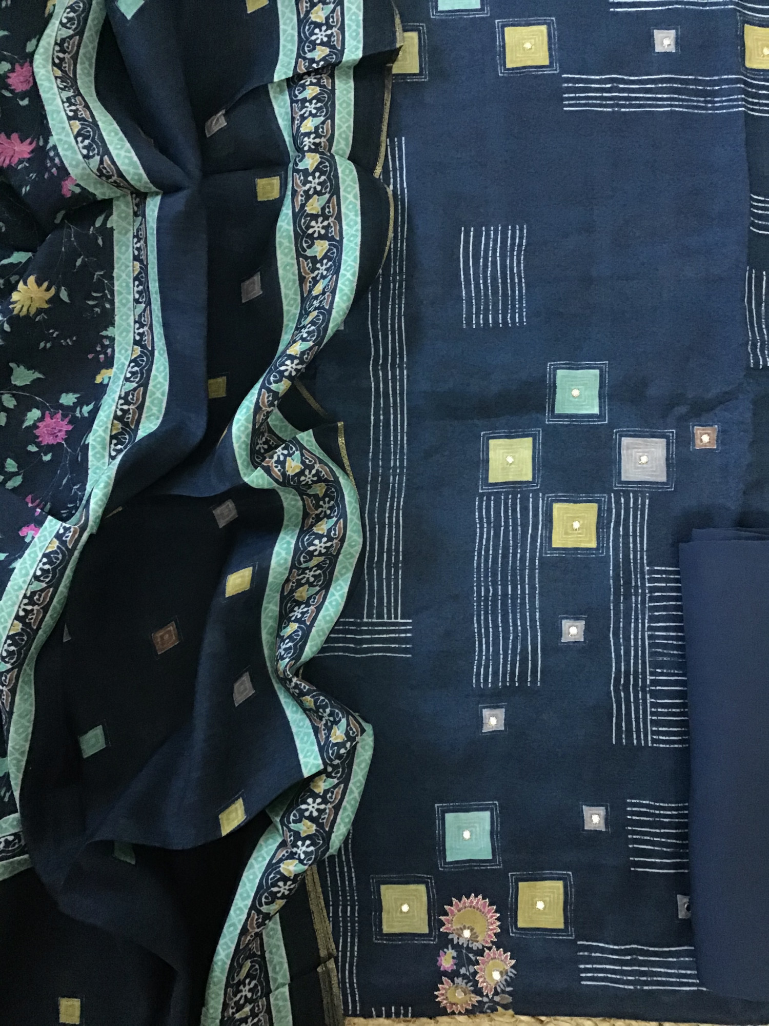 Pure Muslin Printed Embroidered Suit - Blue