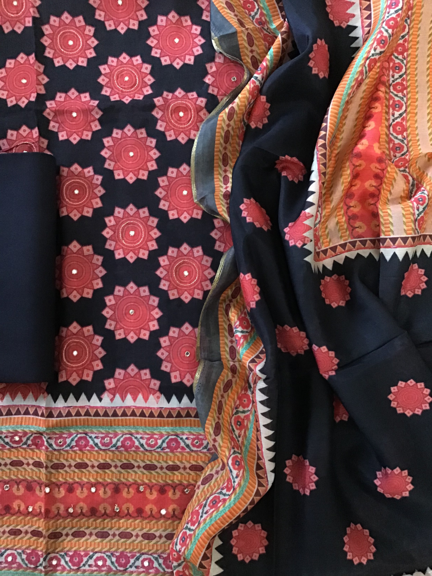 Pure Muslin Printed Embroidered Suit - Black