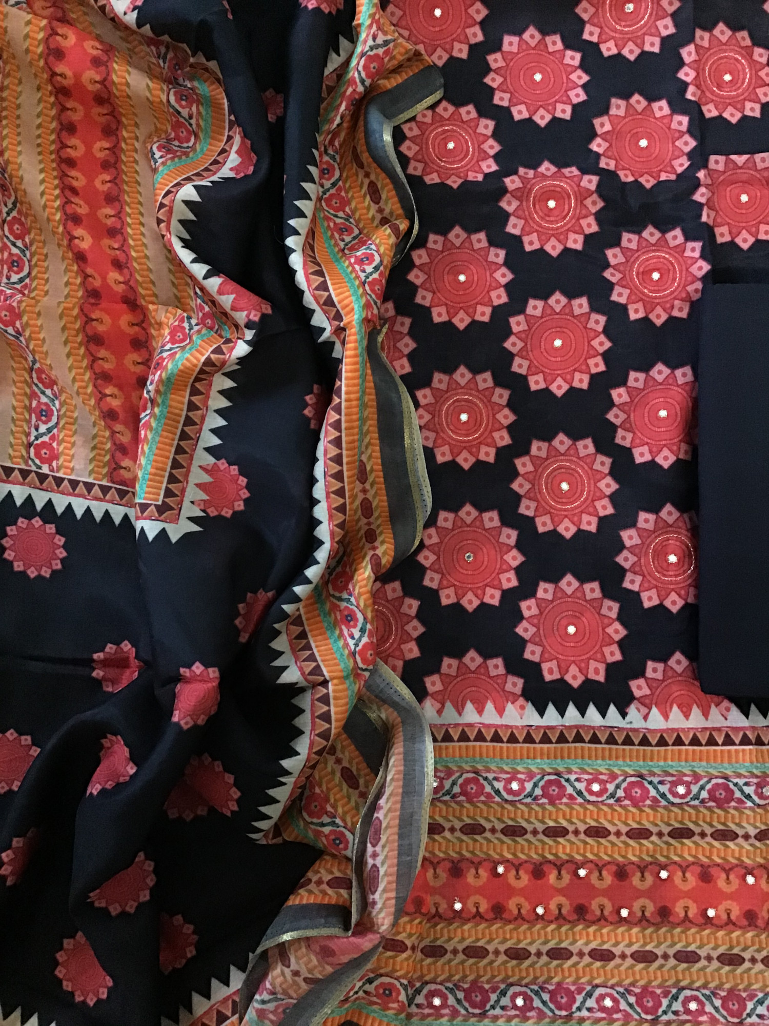 Pure Muslin Printed Embroidered Suit - Black