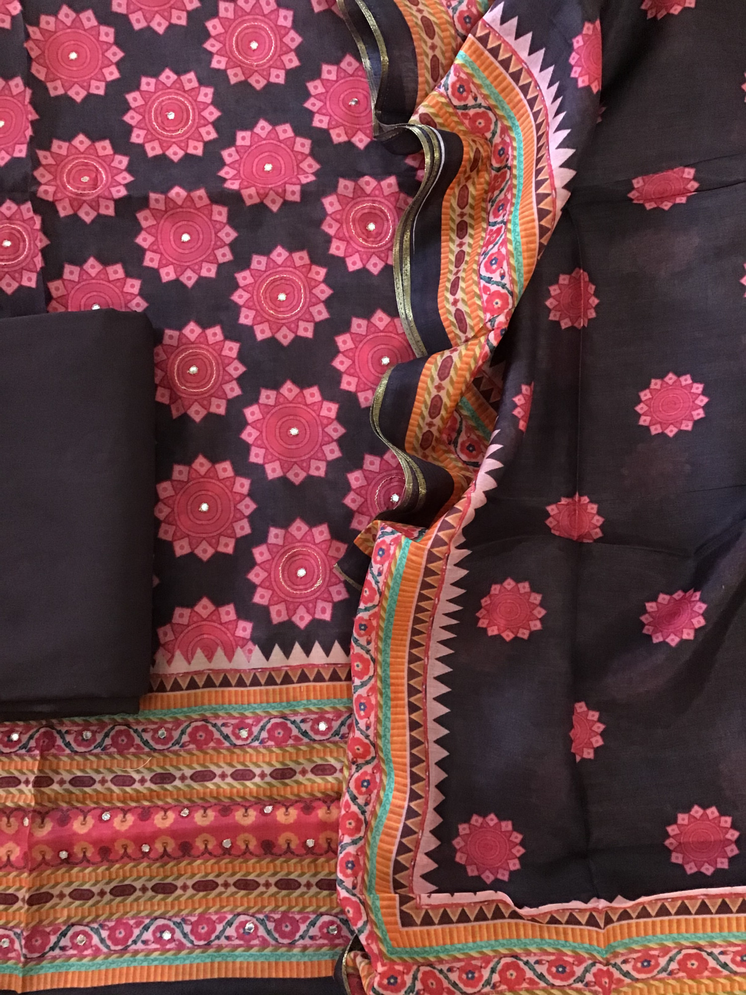 Pure Muslin Printed Embroidered Suit - Brown