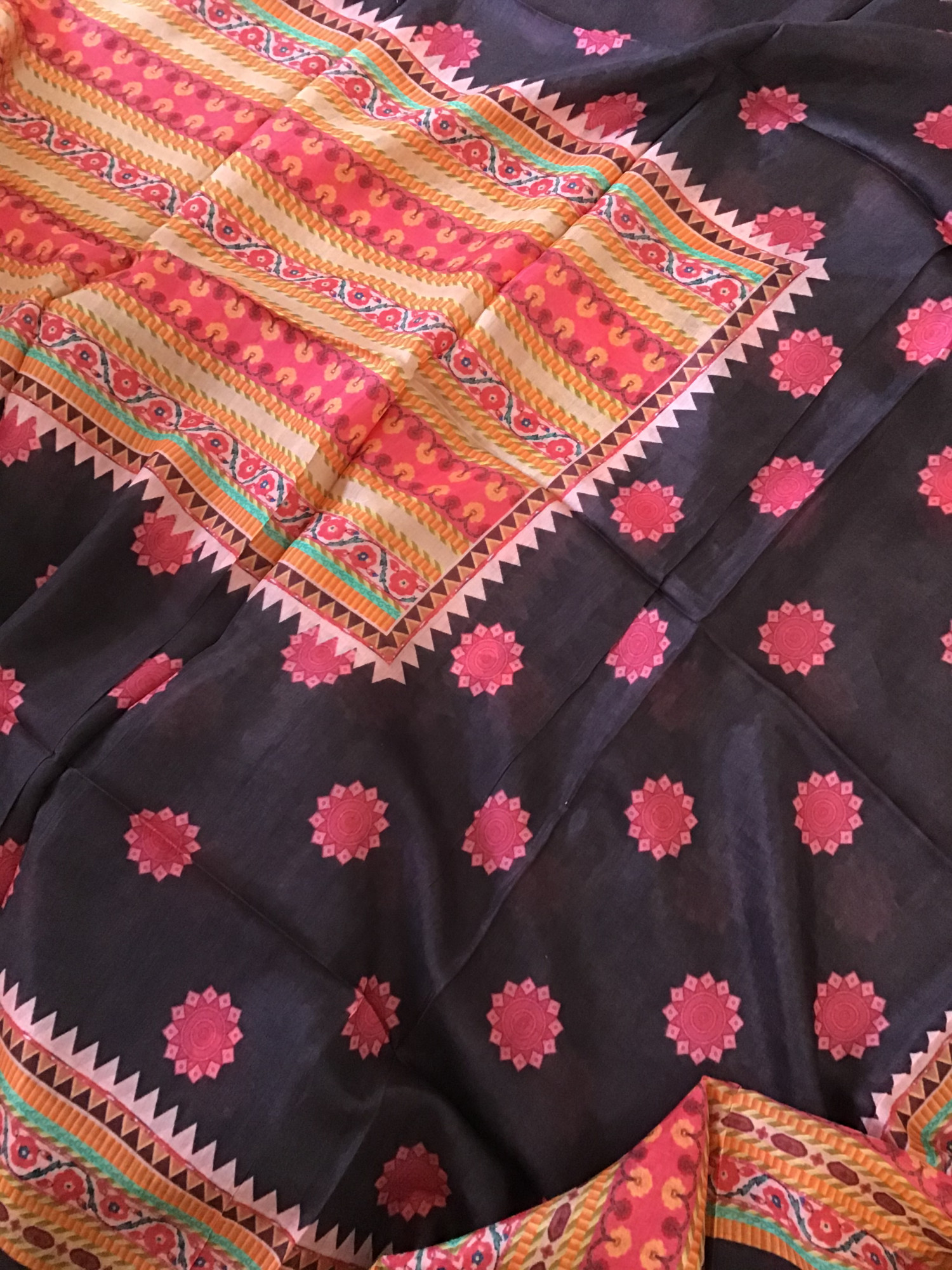 Pure Muslin Printed Embroidered Suit - Brown