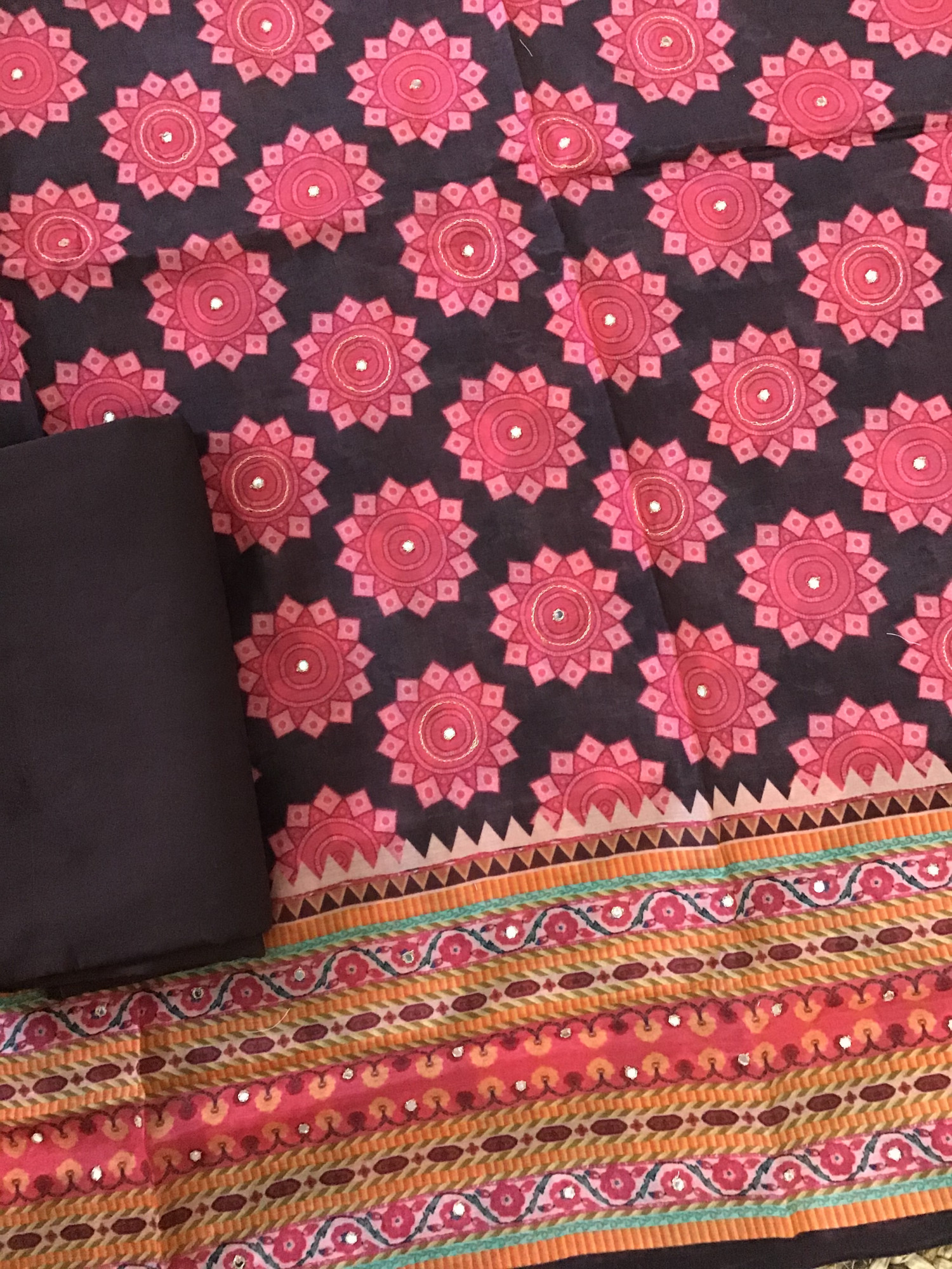 Pure Muslin Printed Embroidered Suit - Brown