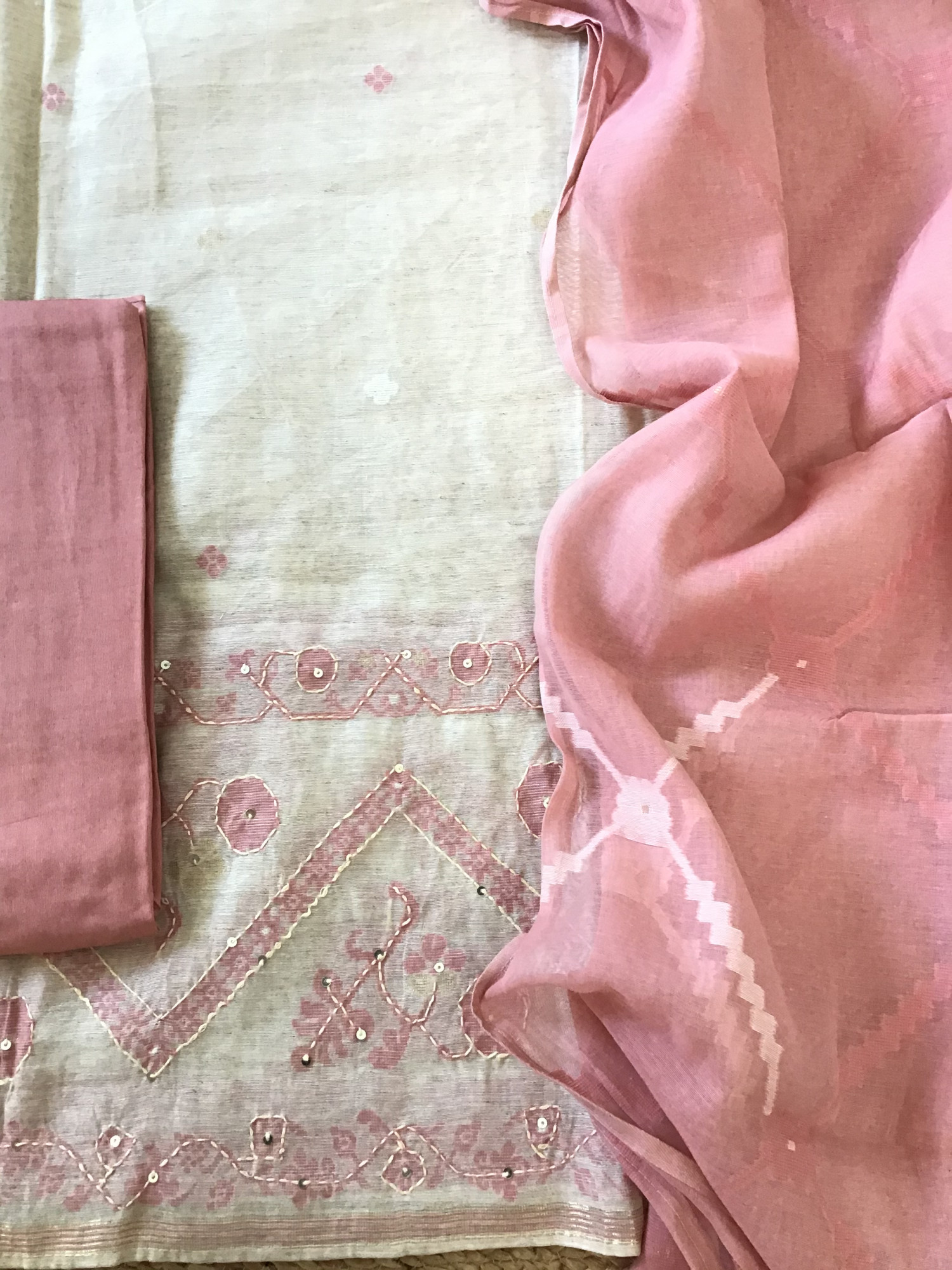 Soft Slub Chanderi Jamdani Weaved Embroidered Suit - Beige