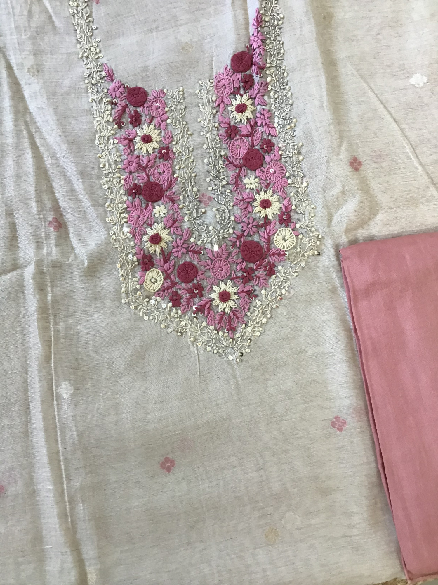 Soft Slub Chanderi Jamdani Weaved Embroidered Suit - Beige