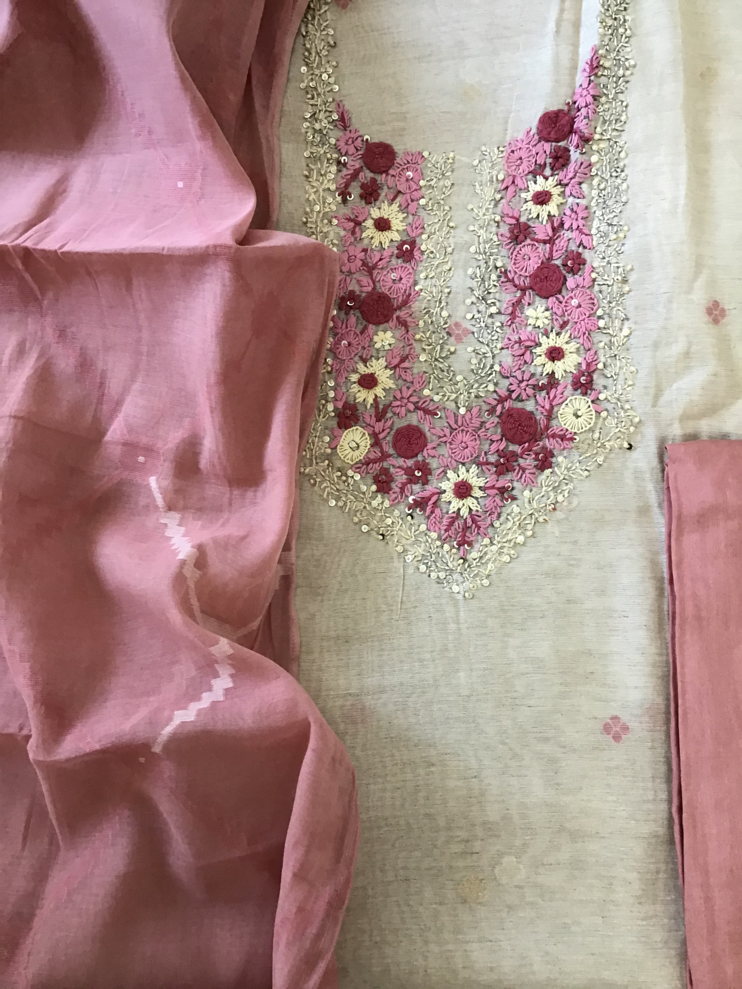 Soft Slub Chanderi Jamdani Weaved Embroidered Suit - Beige