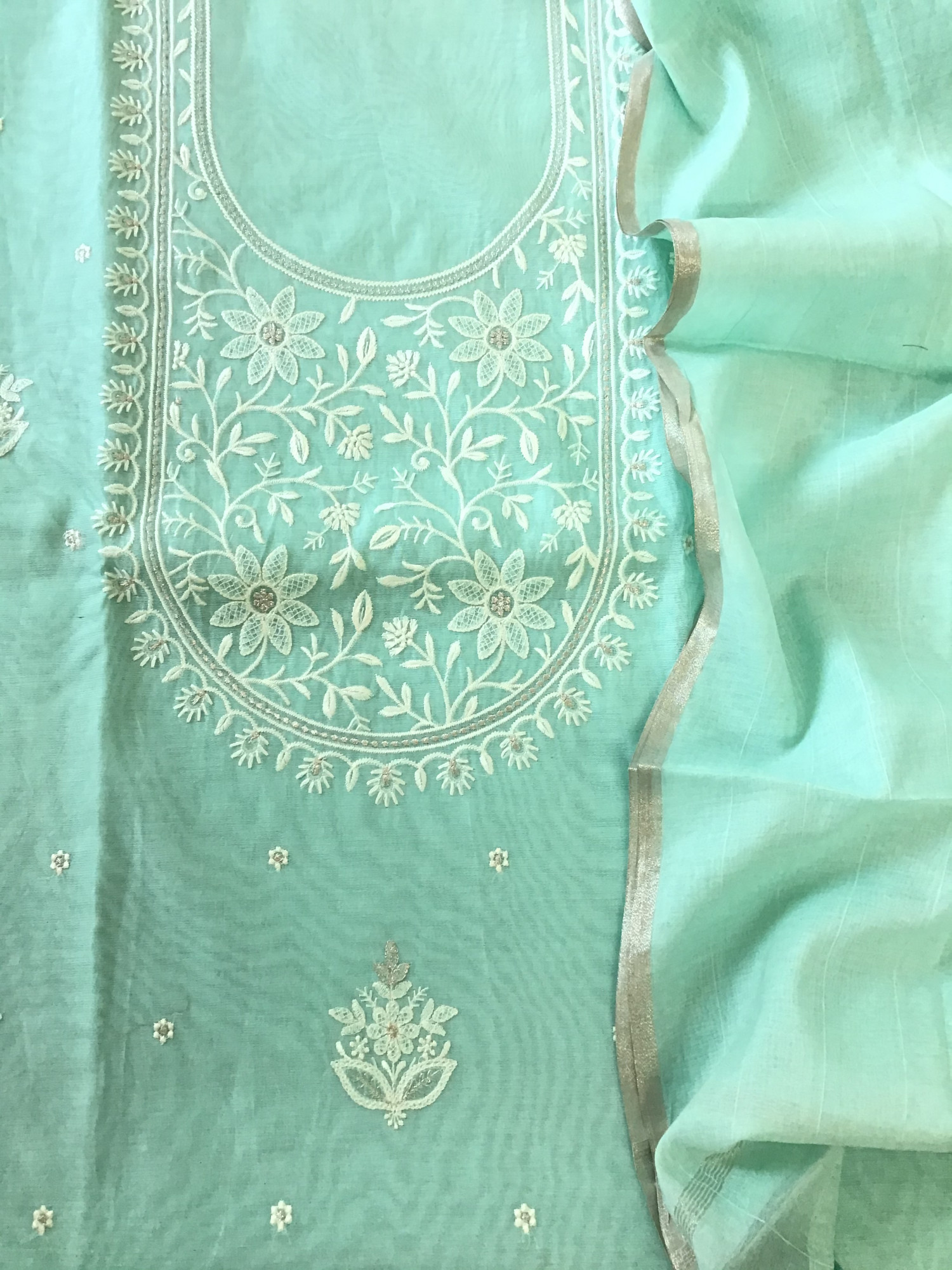 Soft Chanderi Embroidered Suit - SeaGreen