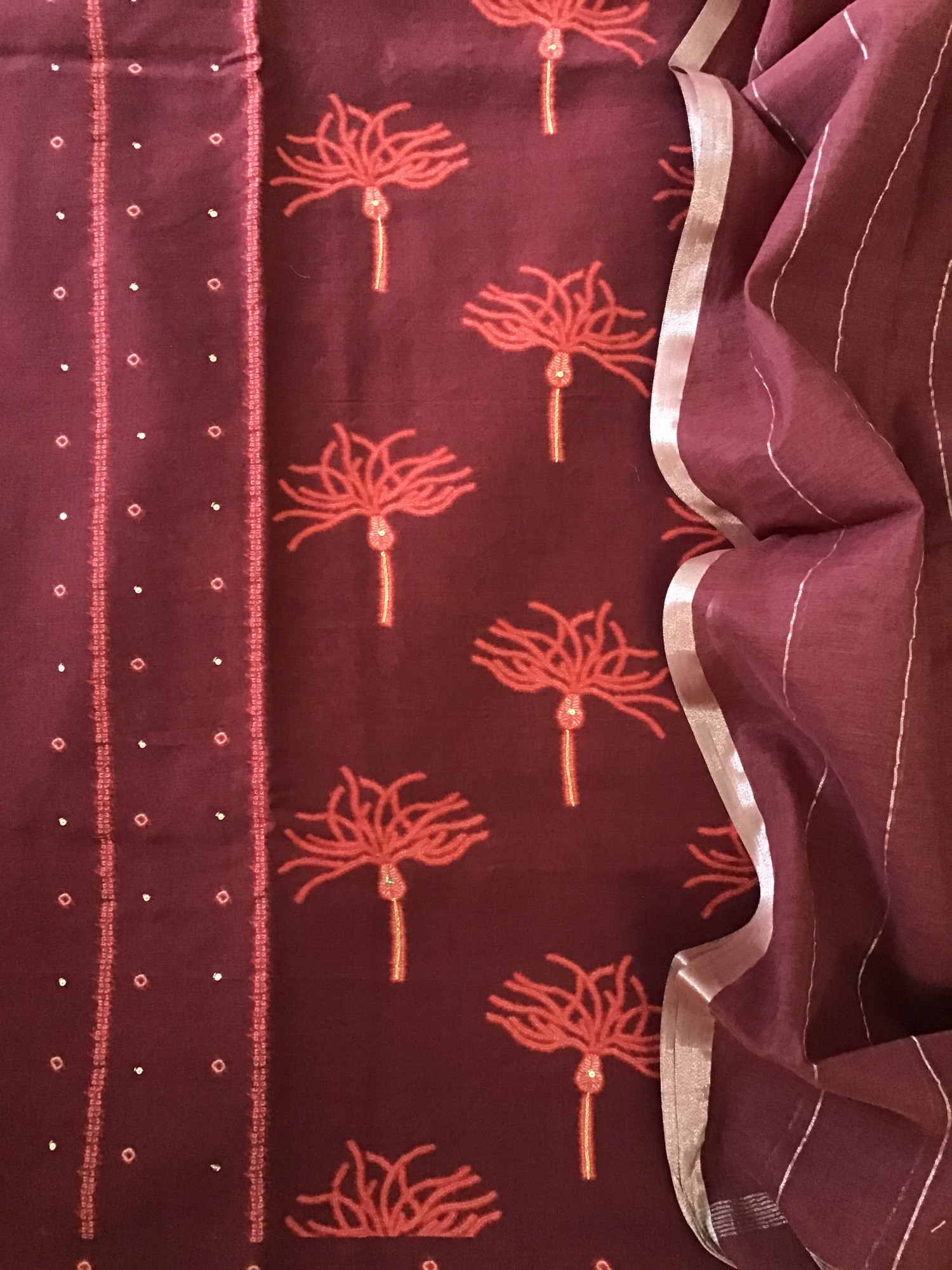 Pure Chanderi Printed Embroidered Suit - Maroon